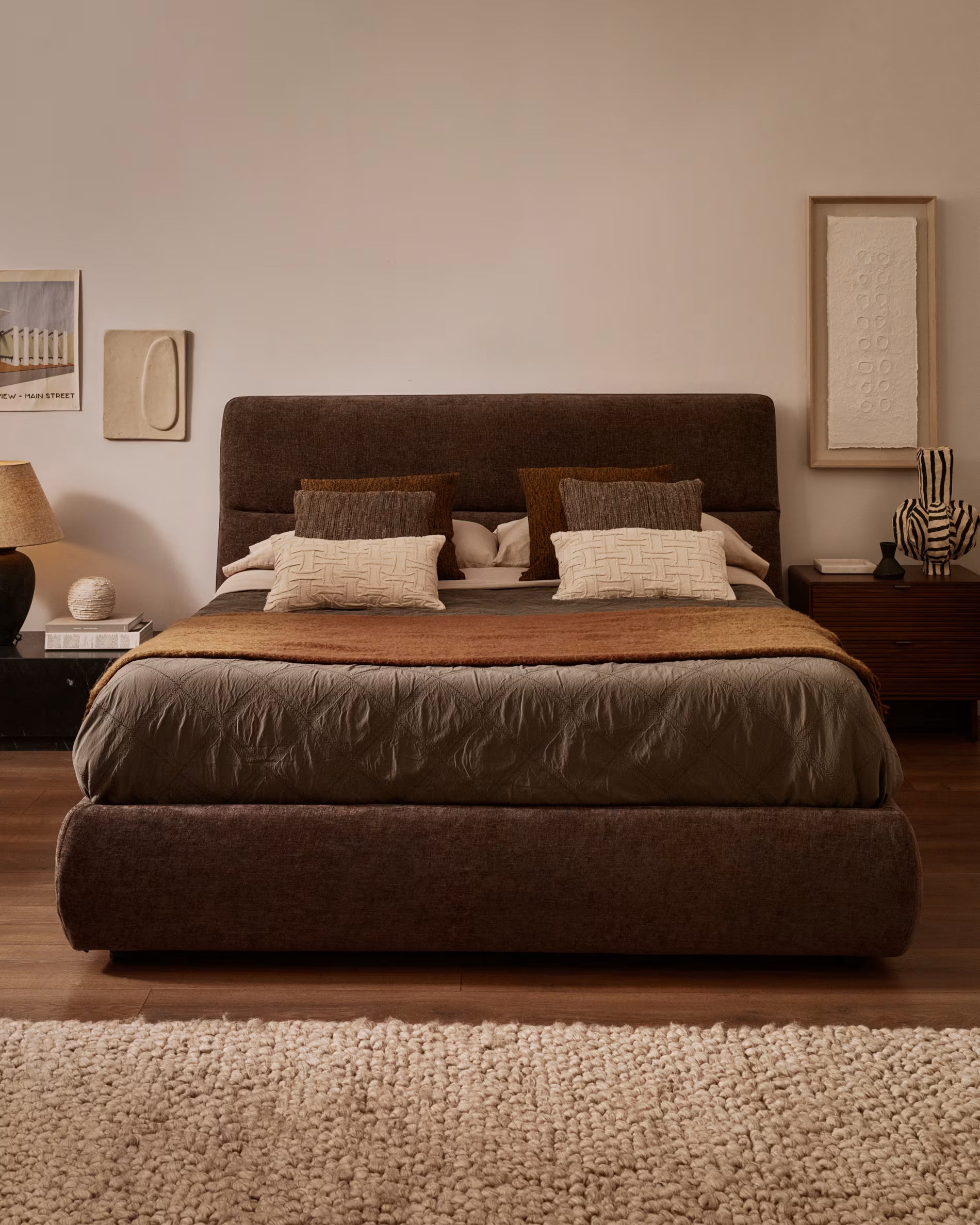 Bed with bedding storage DAFRA brown chenille