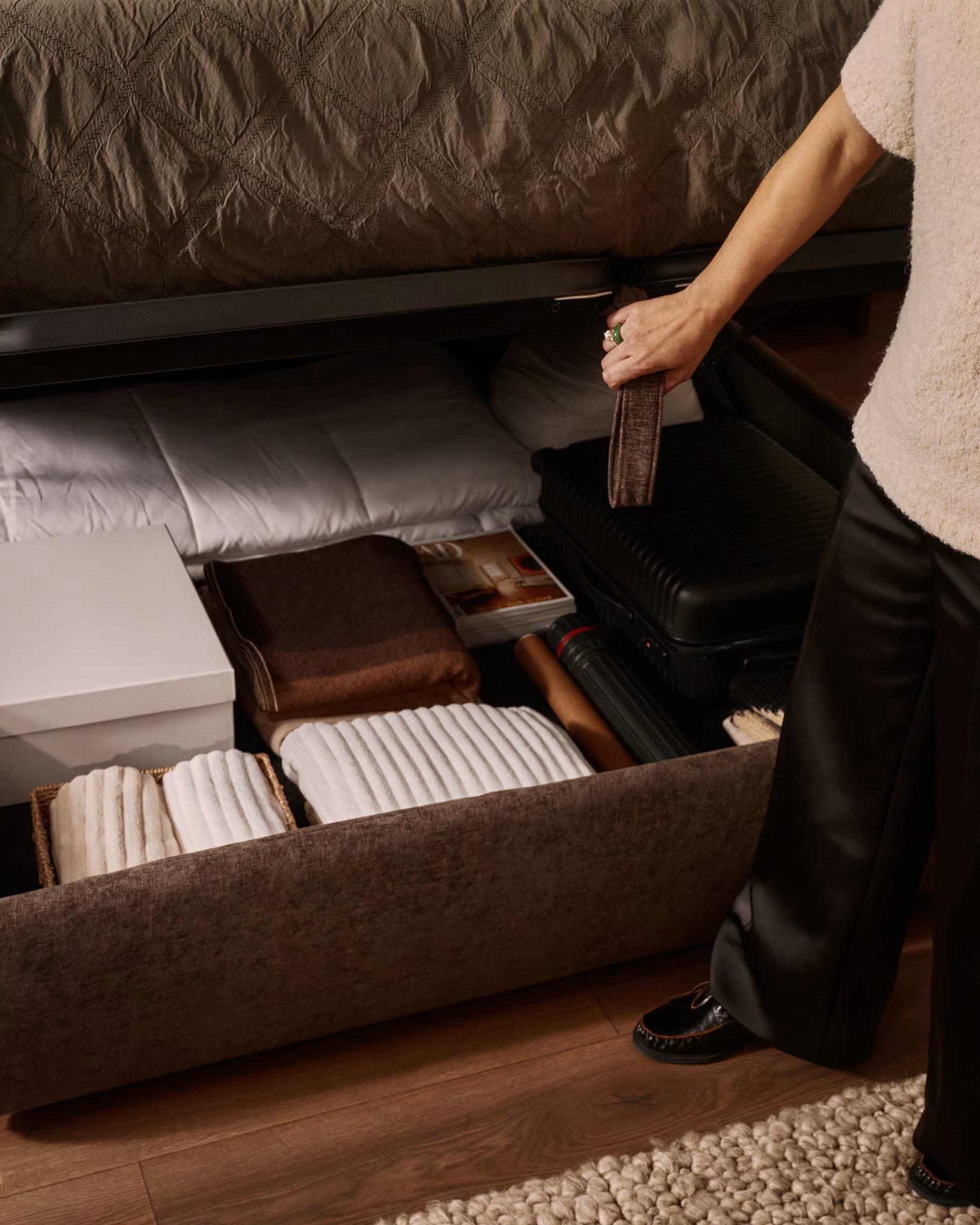 Bed with bedding storage DAFRA brown chenille