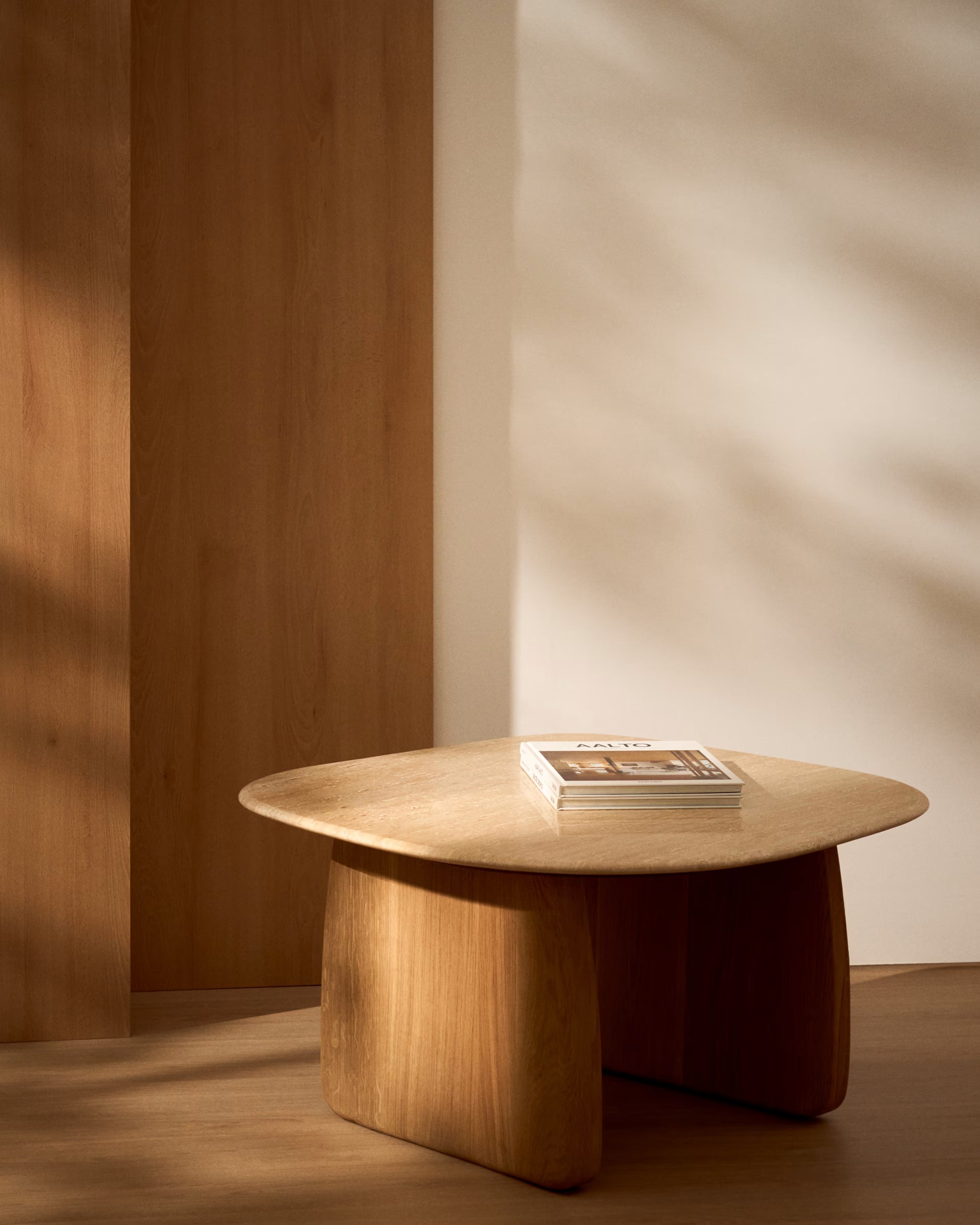 PIRITA Side Table in Travertine with Dark Wooden Base
