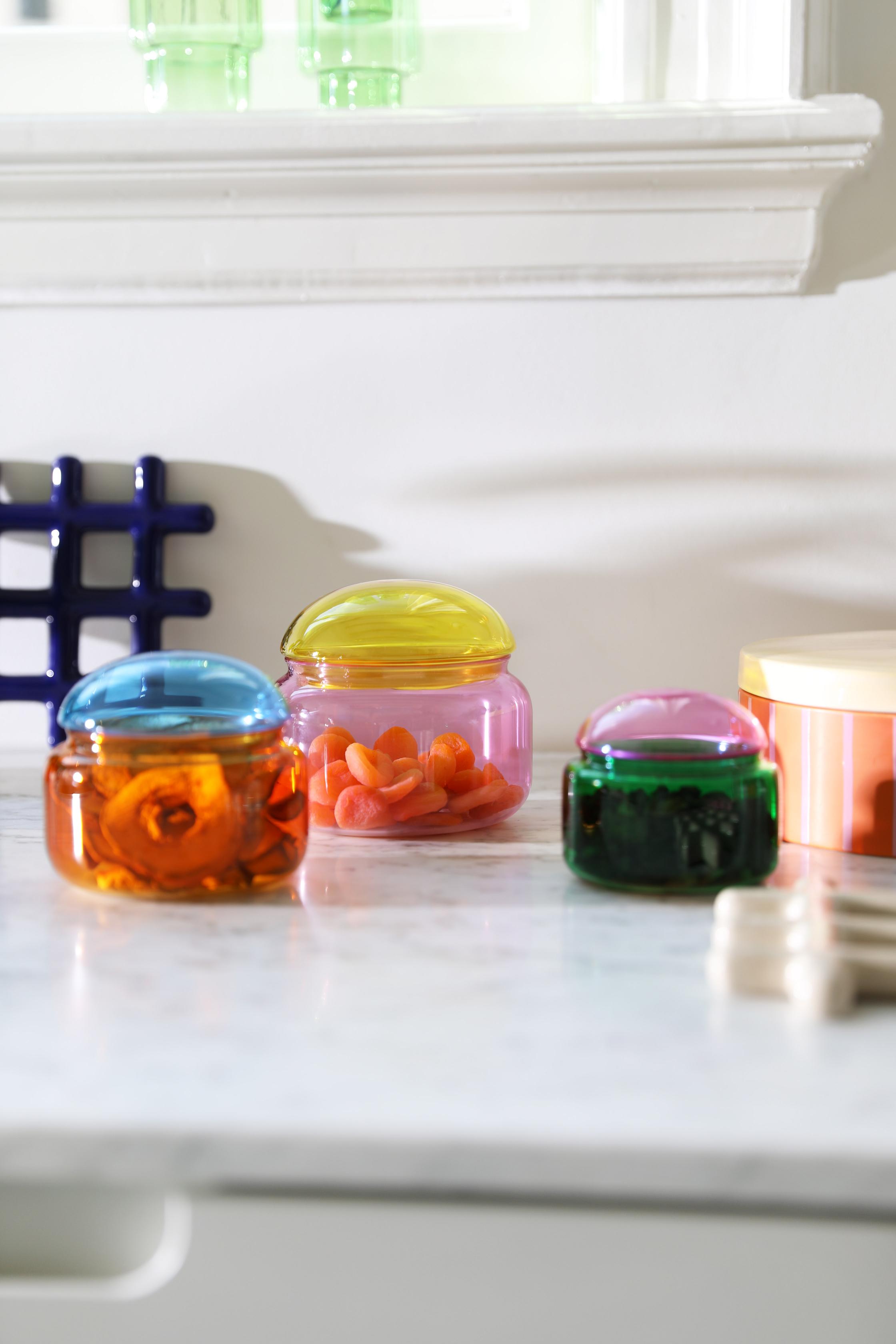 Pojemnik szklany PUFFY zielony z różową pokrywką