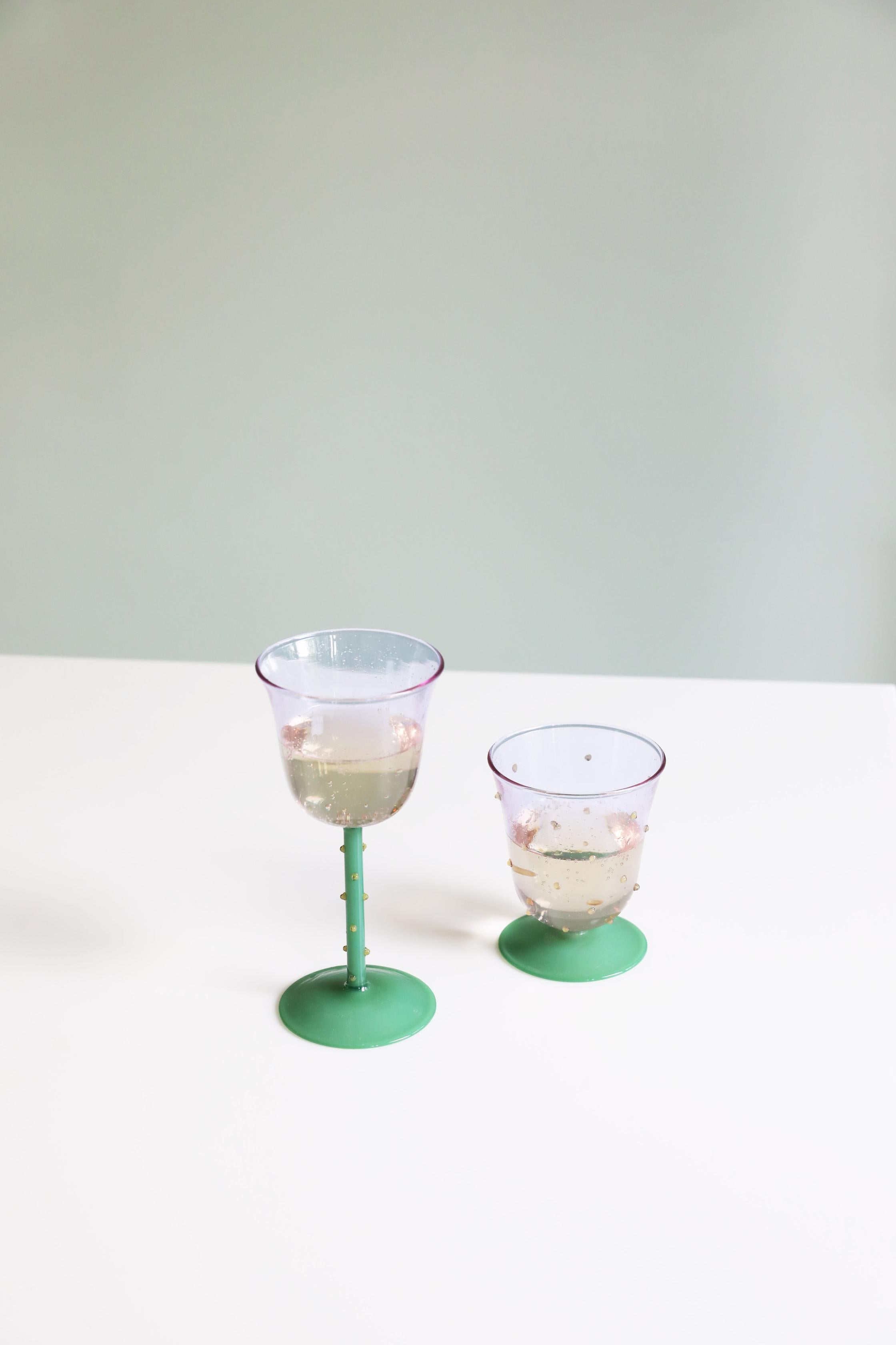 Set of Glass Goblets DOT Green with Purple