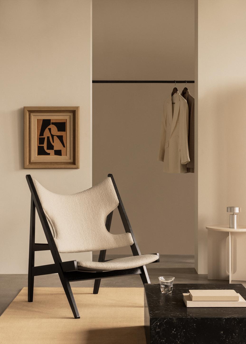 KNITTING armchair in cognac leather with oak base