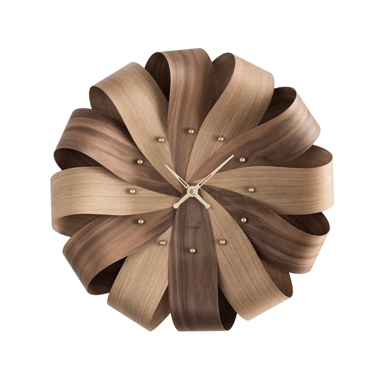 BRISA wall clock in walnut wood with oak wood and brass finish