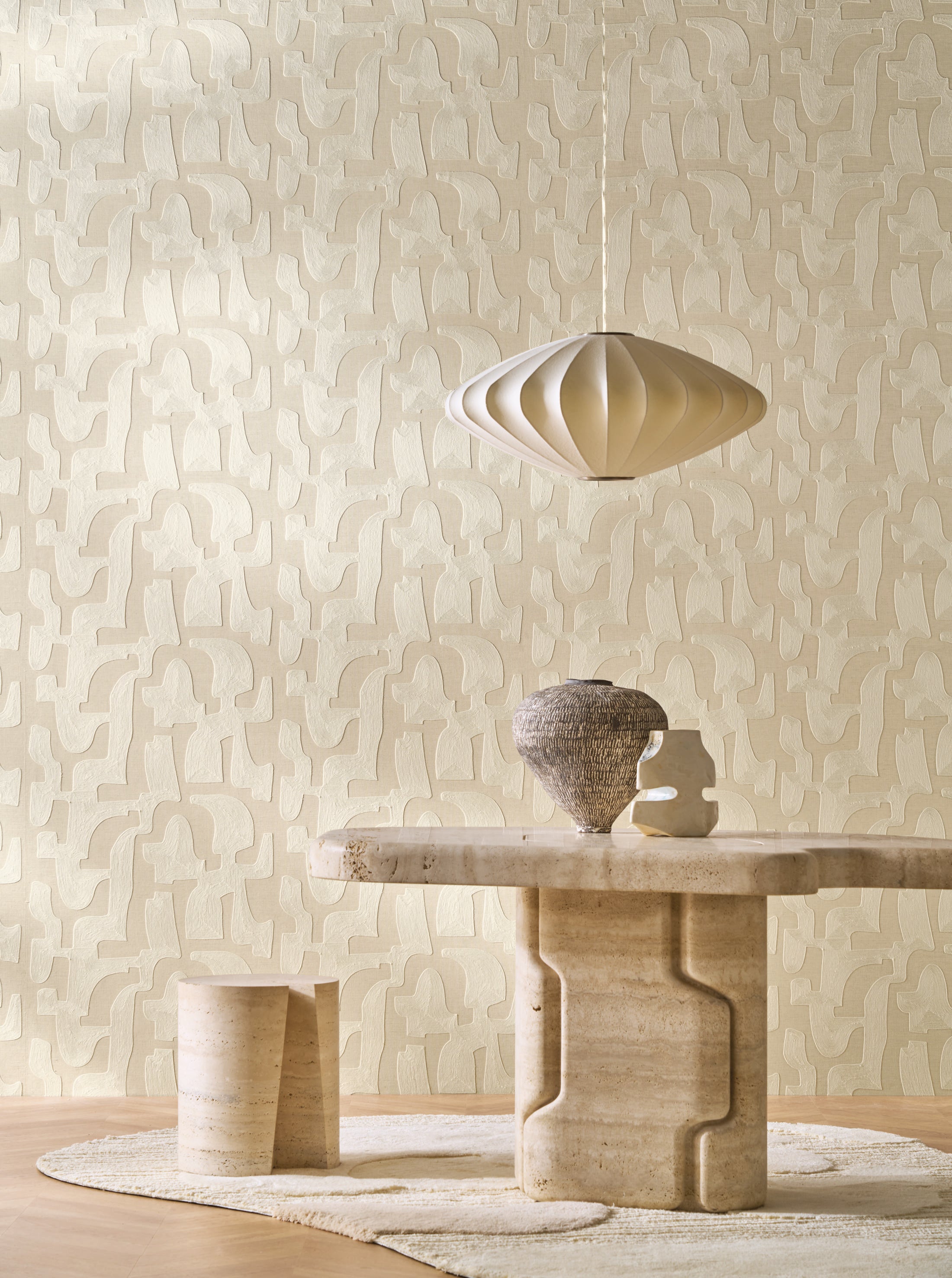 Textile wallpaper with abstract pattern MONODIE - IVORY CHALK ivory with beige