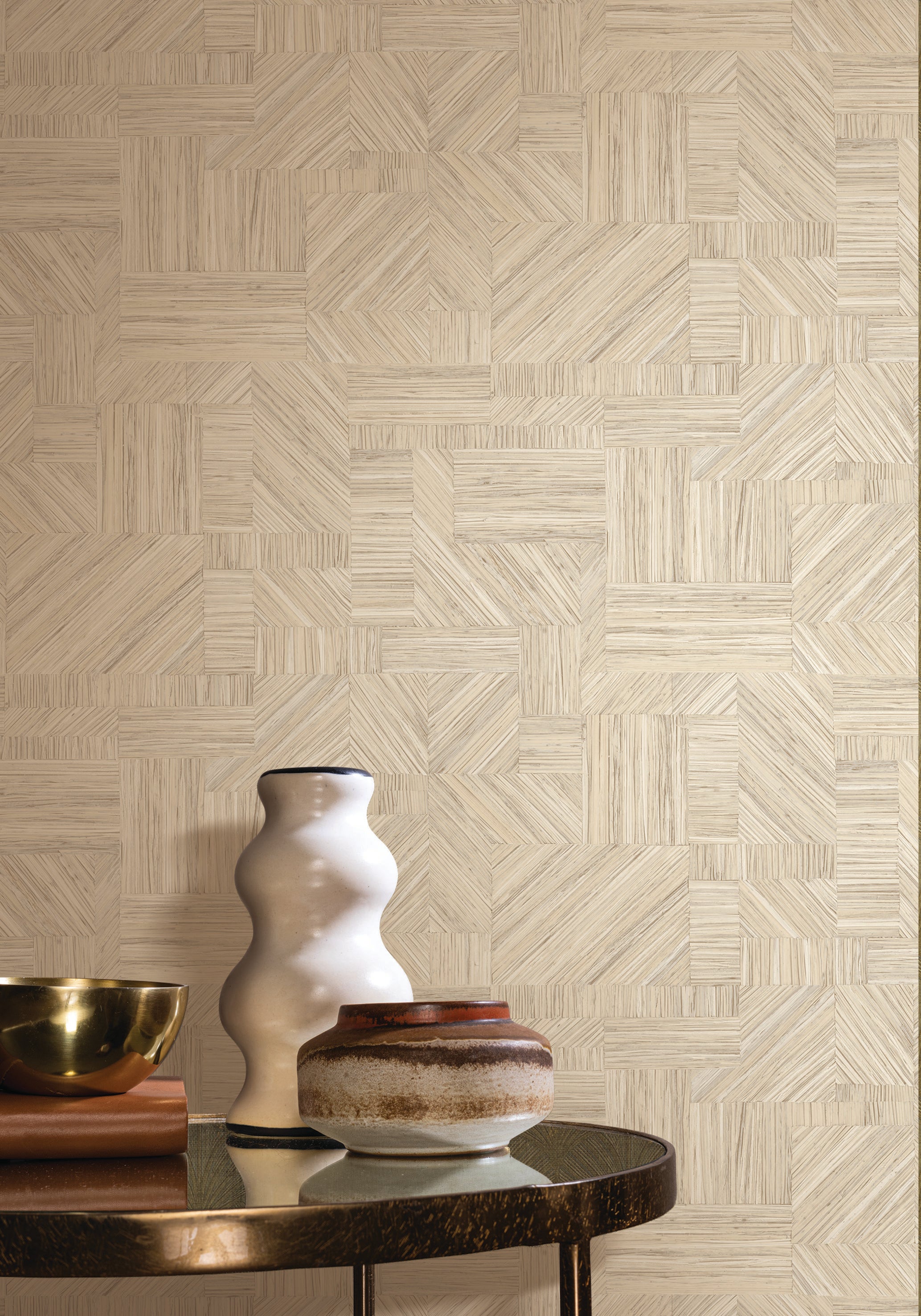 Wallpaper imitating straw patchwork IMBRICATION - IVORY beige