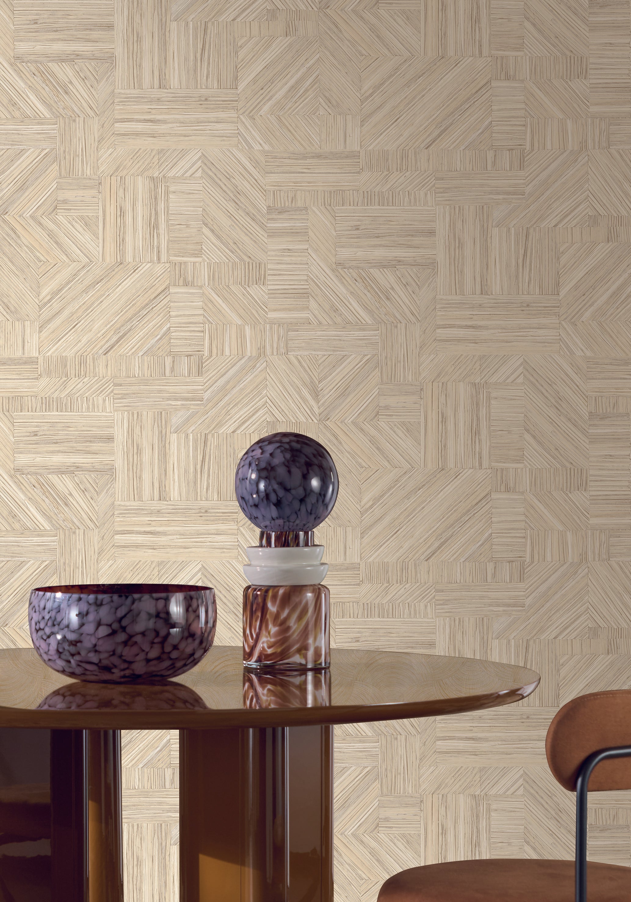 Wallpaper imitating straw patchwork IMBRICATION - PAILLE dark beige