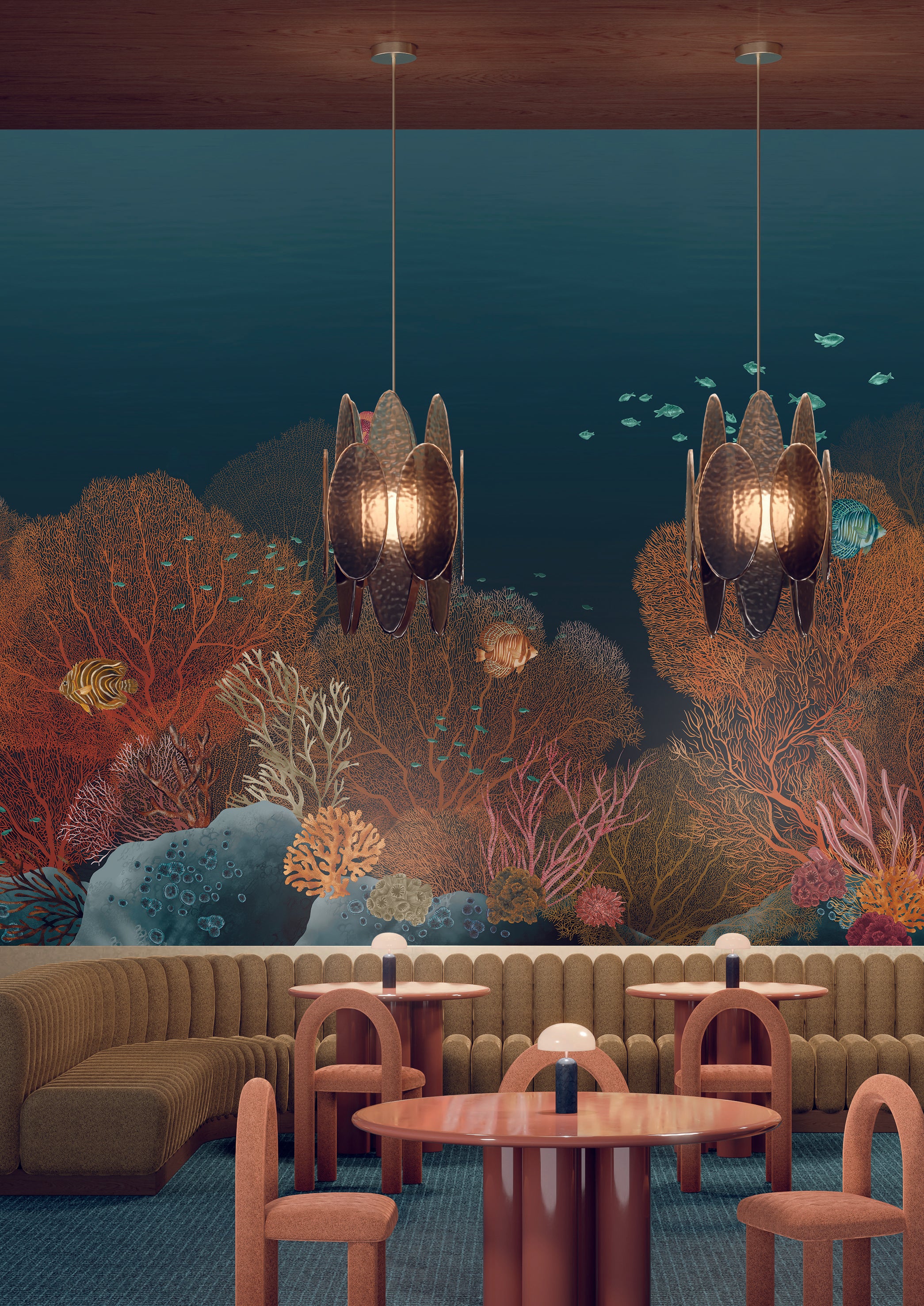 Mural with a marine motif POLYNESIE - MARINE/MULTICO navy blue with brown