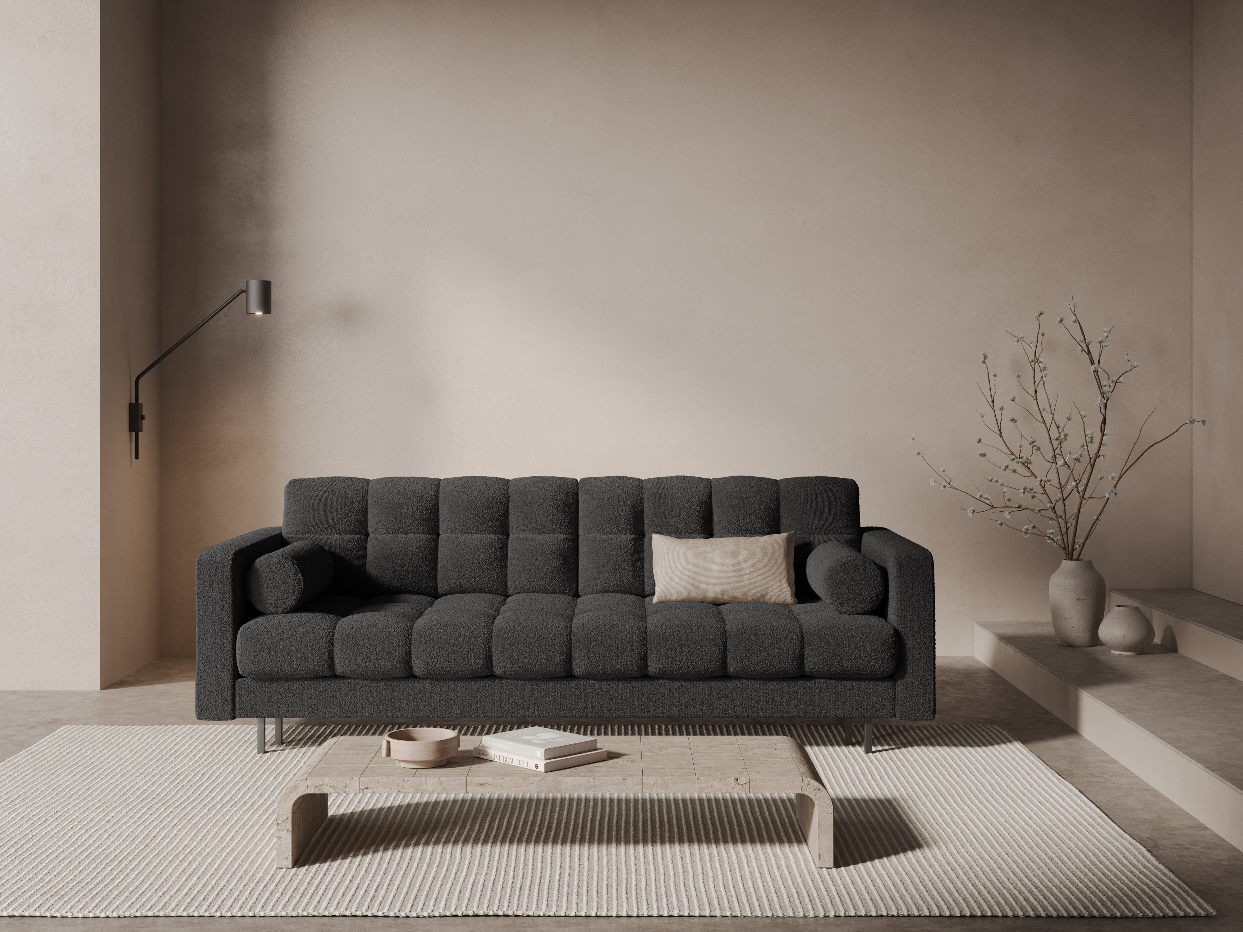 Sofa 3-osobowa z funkcją spania BALI ciemnoszary bouclé z czarną podstawą