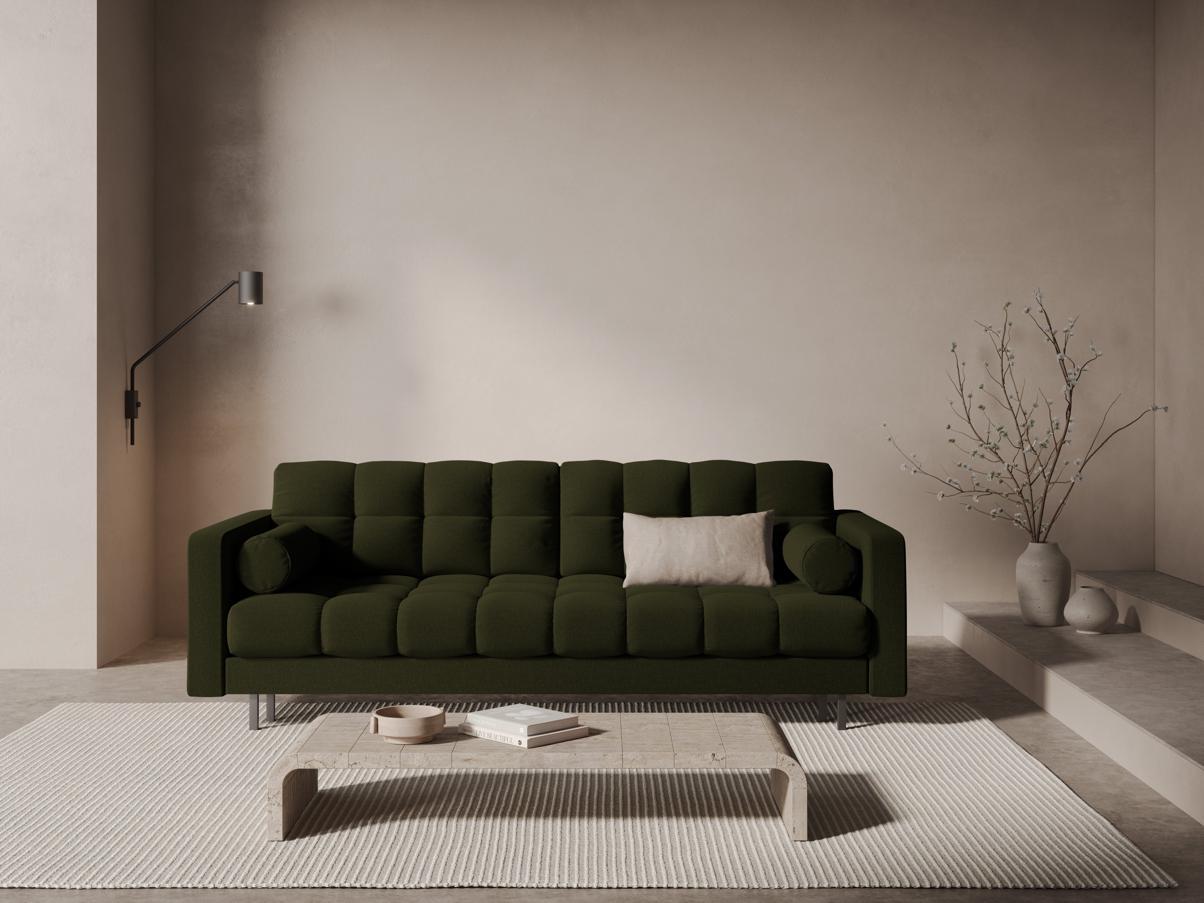 Sofa aksamitna 3-osobowa z funkcją spania BALI ciemnozielony z czarną podstawą