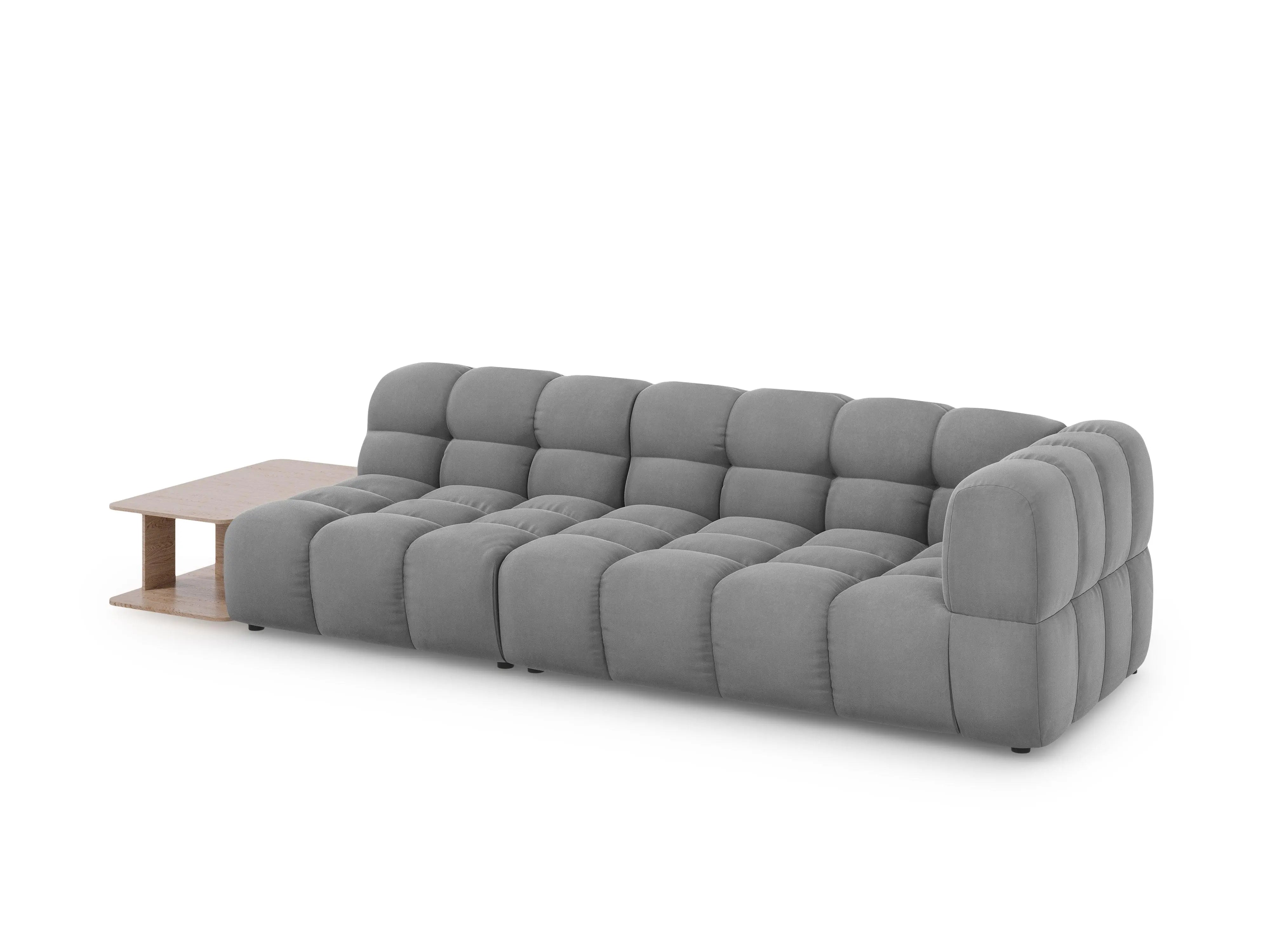 Sofa aksamitna lewostronna 4-osobowa otwarta ze stolikiem SKY jasnoszary – Cosmopolitan Design