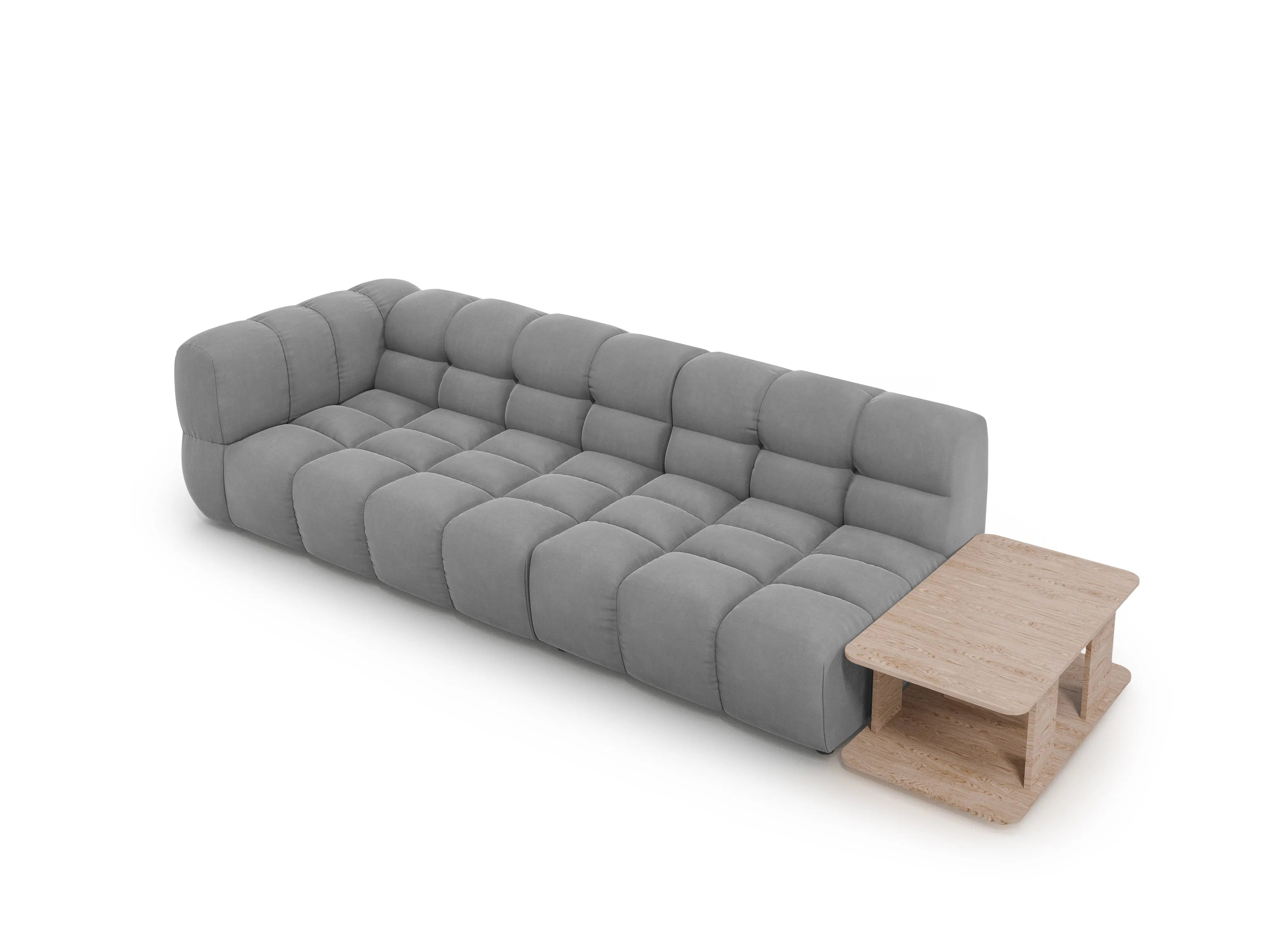 Sofa aksamitna prawostronna 4-osobowa otwarta ze stolikiem SKY jasnoszary – Cosmopolitan Design