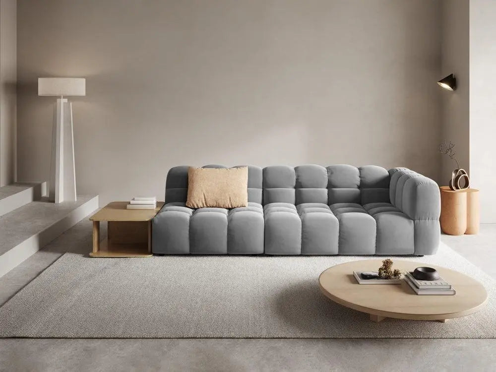 Sofa aksamitna lewostronna 4-osobowa otwarta ze stolikiem SKY jasnoszary – Cosmopolitan Design