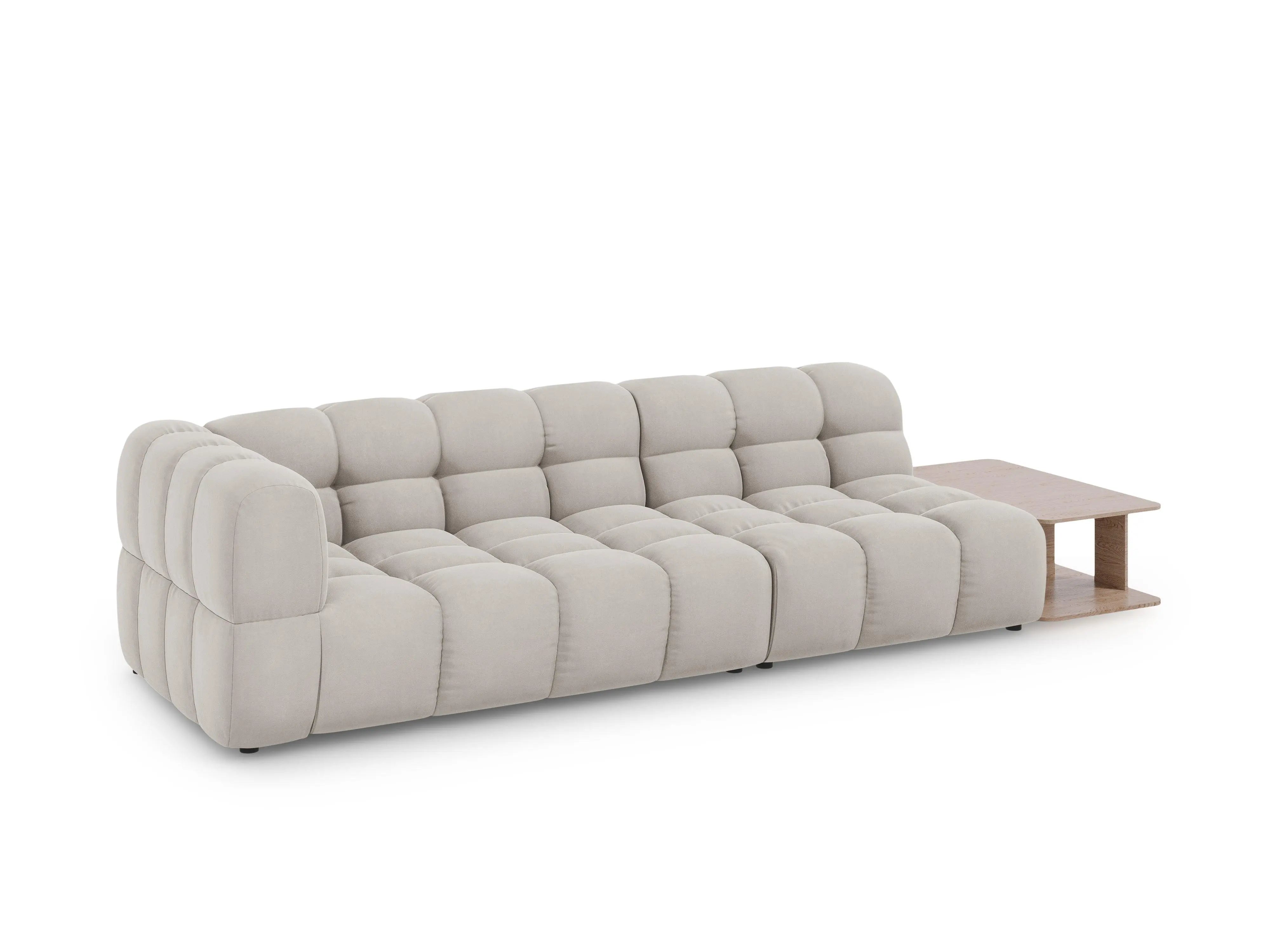 Sofa aksamitna prawostronna 4-osobowa otwarta ze stolikiem SKY jasnobeżowy – Cosmopolitan Design