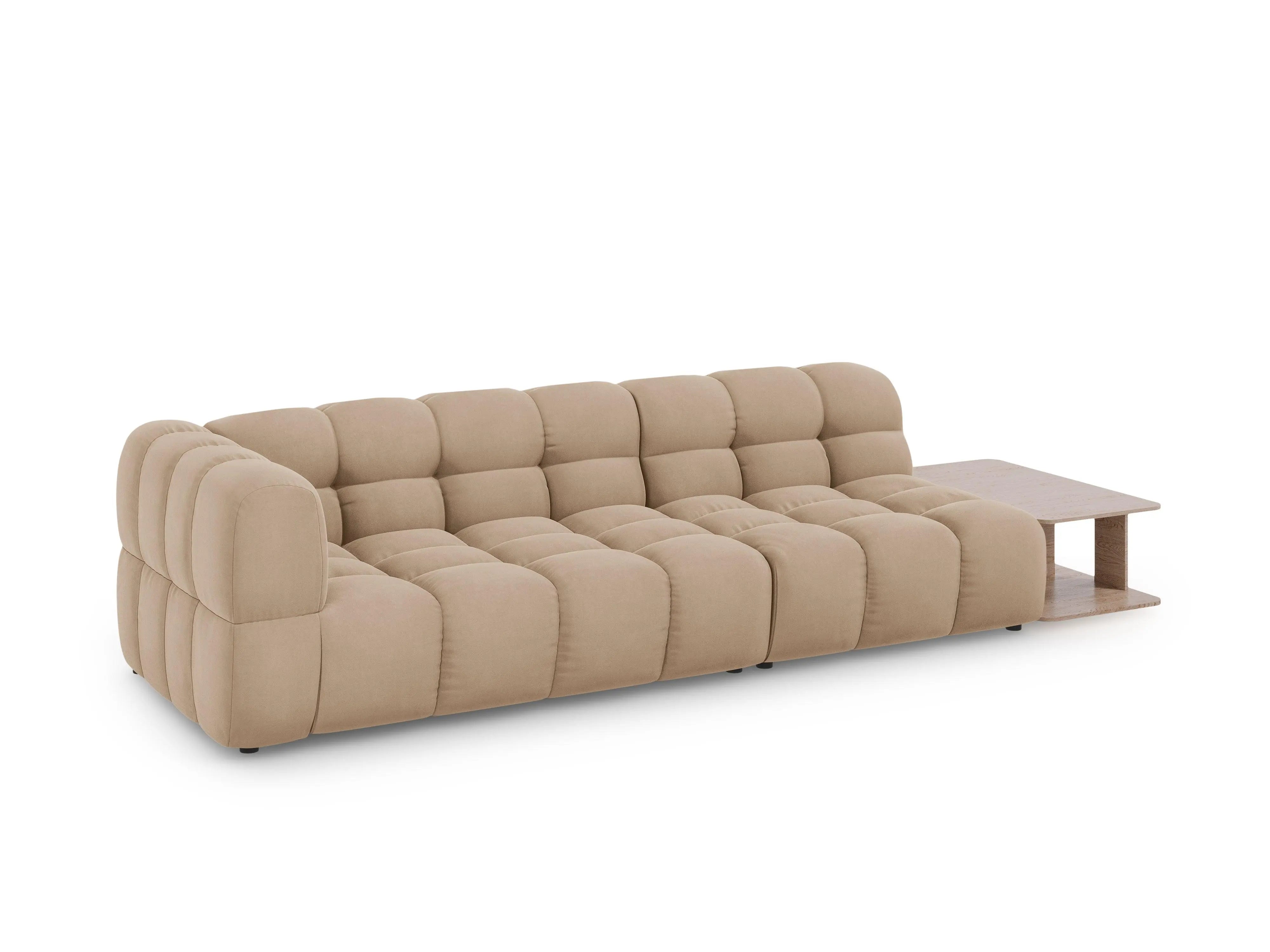 Sofa aksamitna prawostronna 4-osobowa otwarta ze stolikiem SKY piaskowy – Cosmopolitan Design