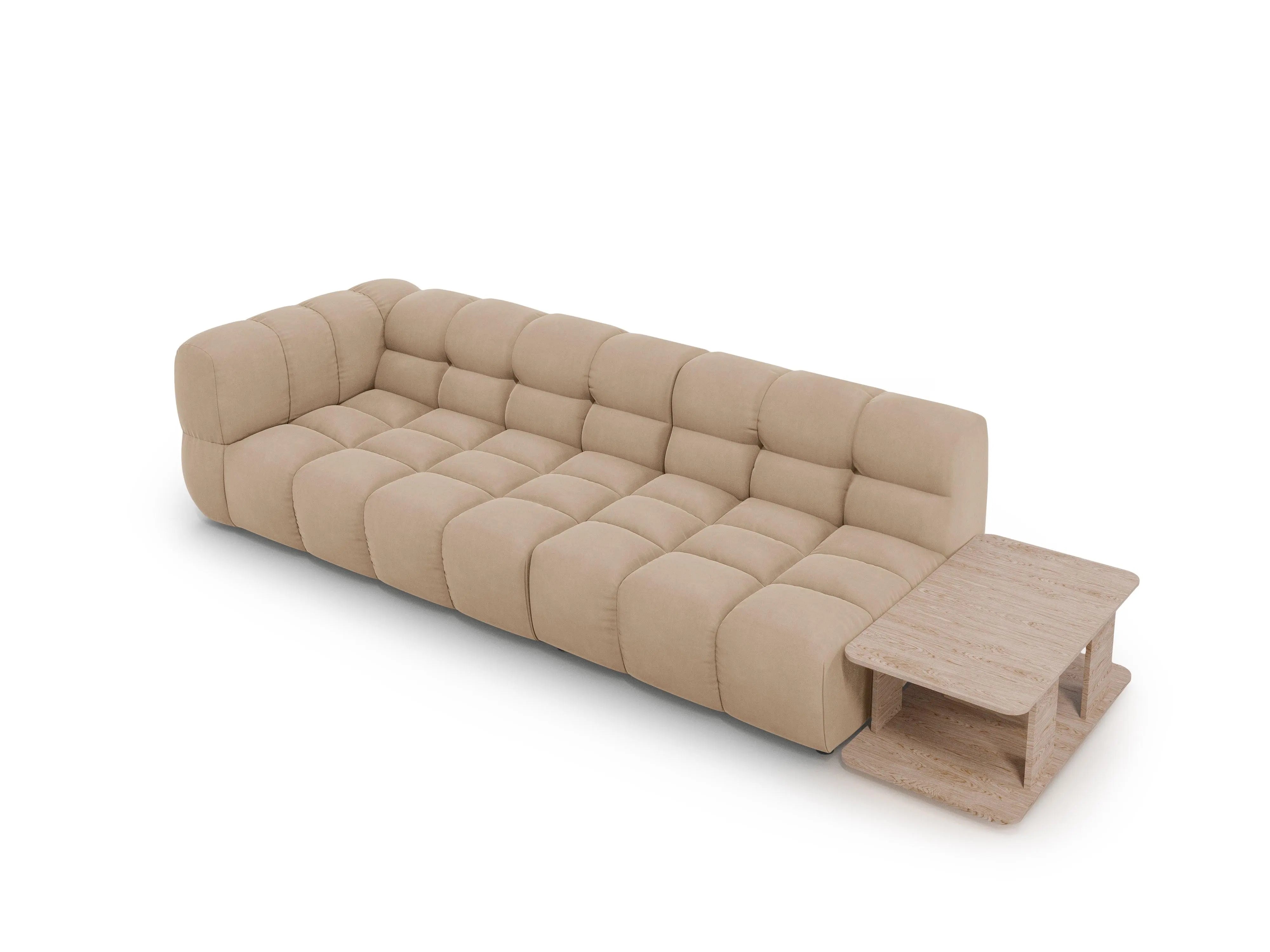 Sofa aksamitna prawostronna 4-osobowa otwarta ze stolikiem SKY piaskowy – Cosmopolitan Design