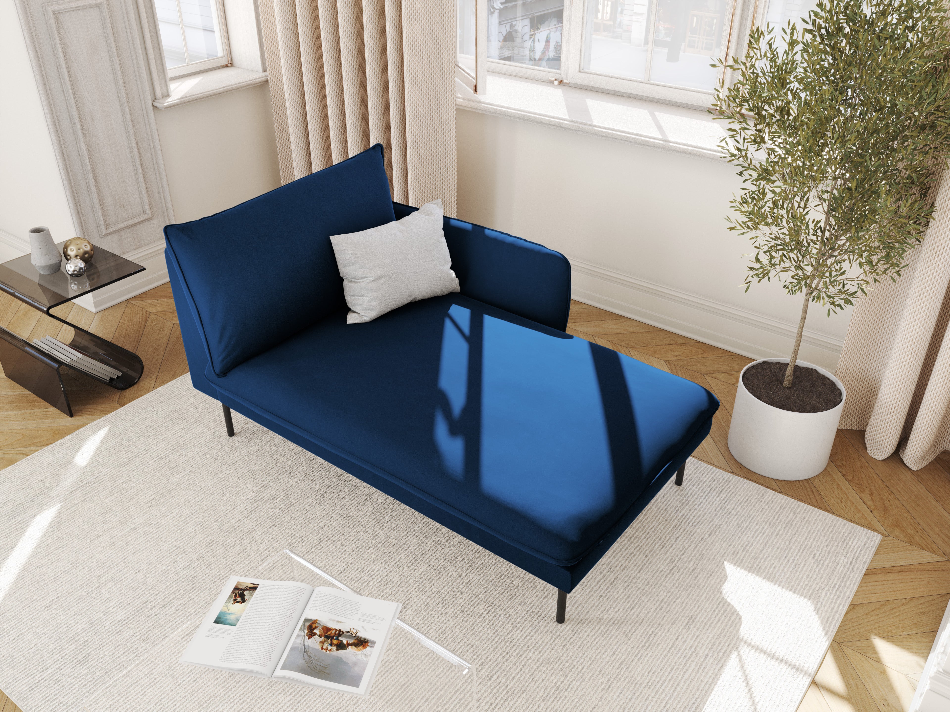 Right-facing velvet chaise longue VIENNA in royal blue with a black base