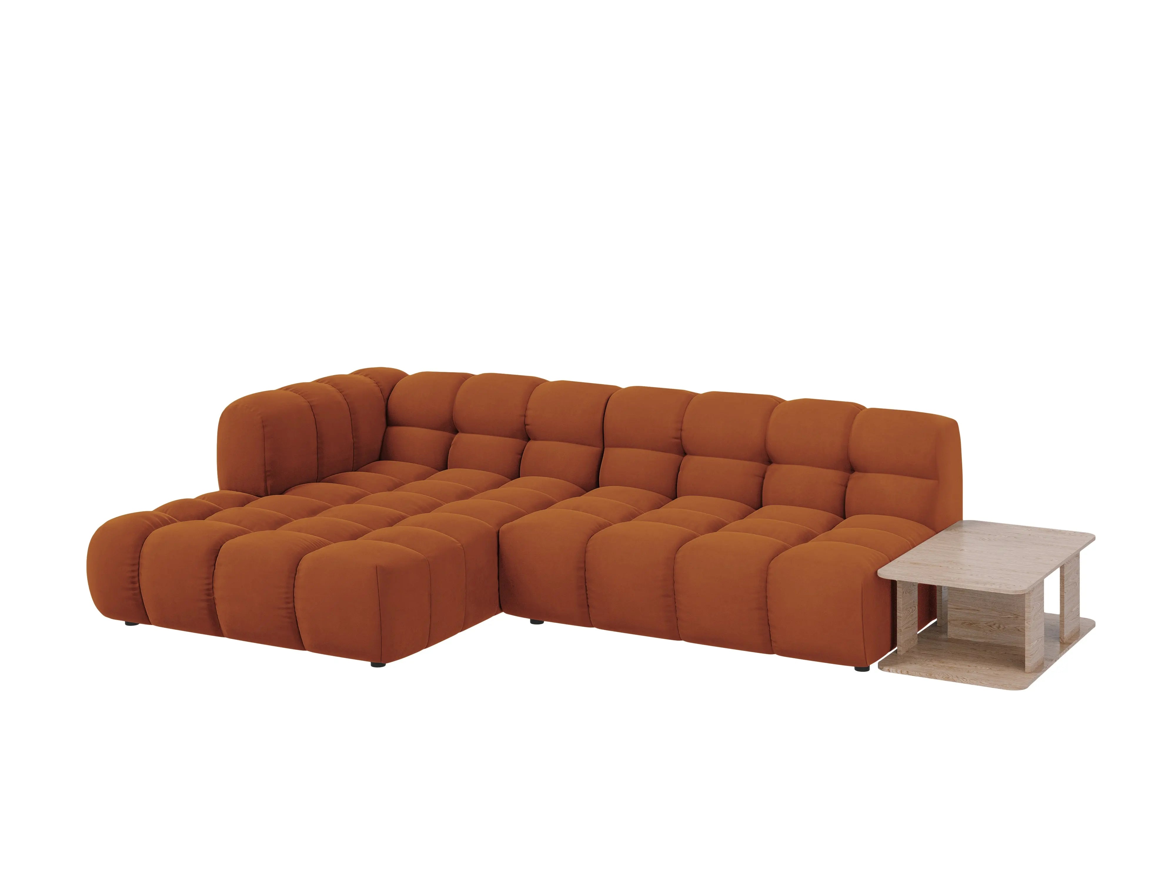 Narożnik aksamitny lewostronny 4-osobowy otwarty ze stolikiem SKY terracotta – Cosmopolitan Design
