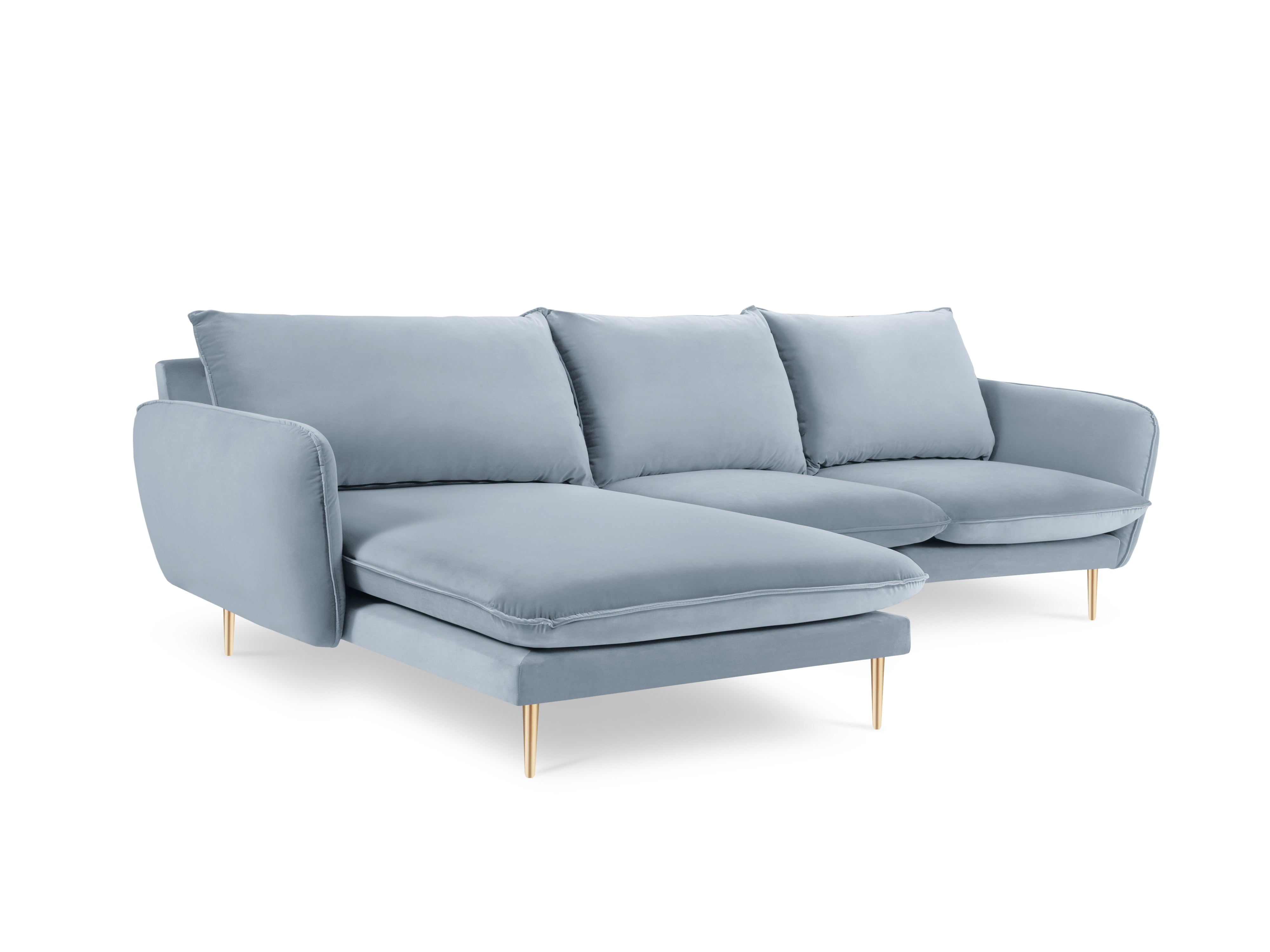 Left-facing velvet corner sofa for 5 people VIENNA in light blue with a gold base