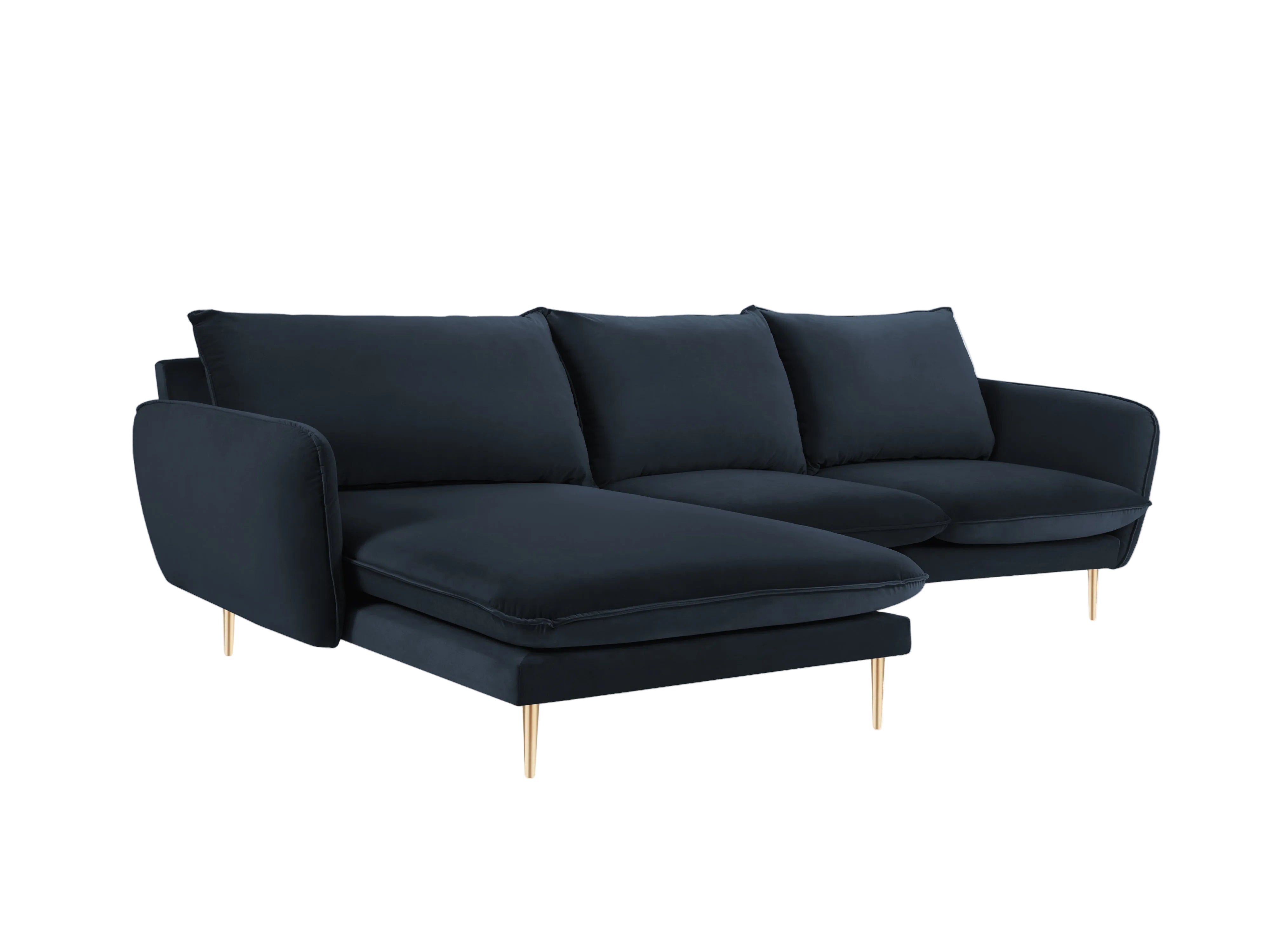 Left-facing velvet corner sofa for 5 people VIENNA in dark blue with a gold base