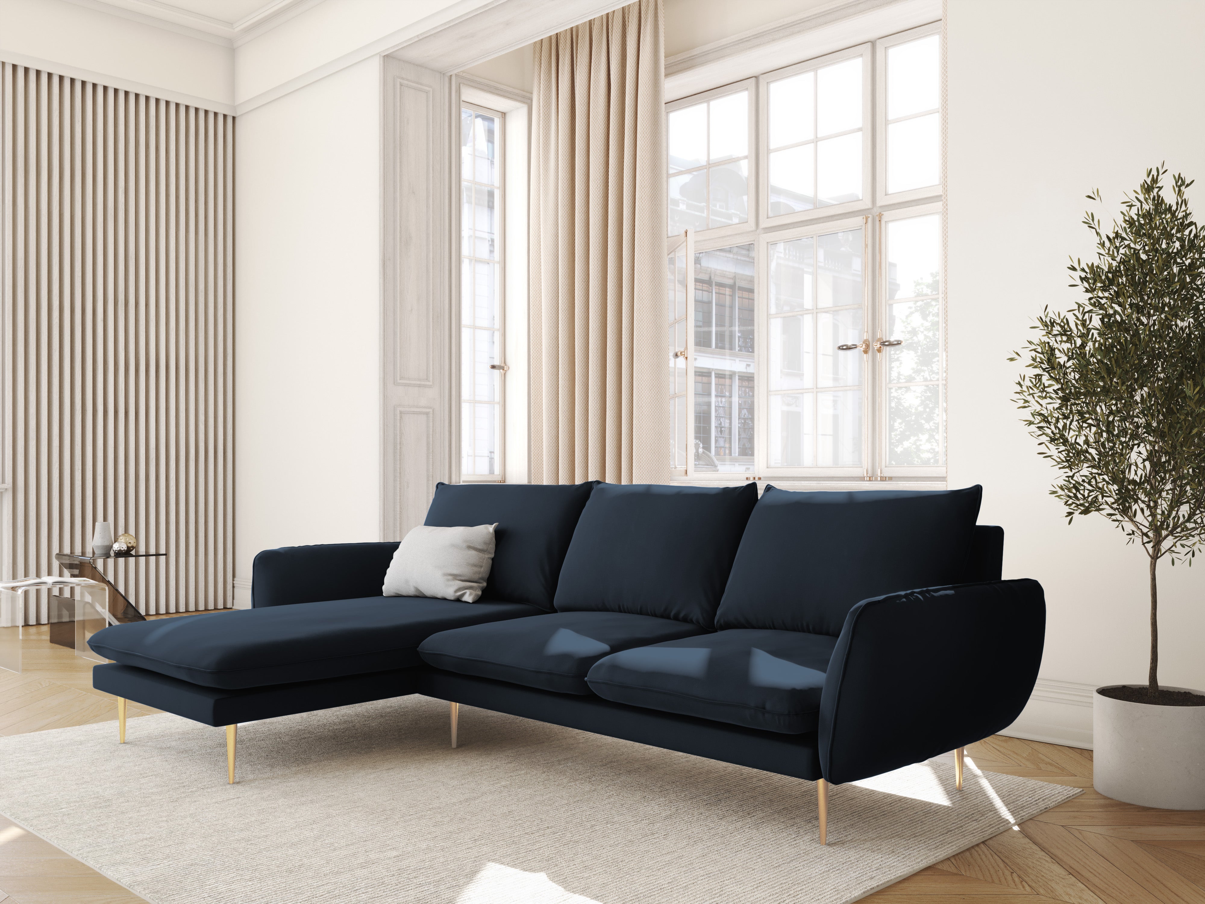 Left-facing velvet corner sofa for 5 people VIENNA in dark blue with a gold base