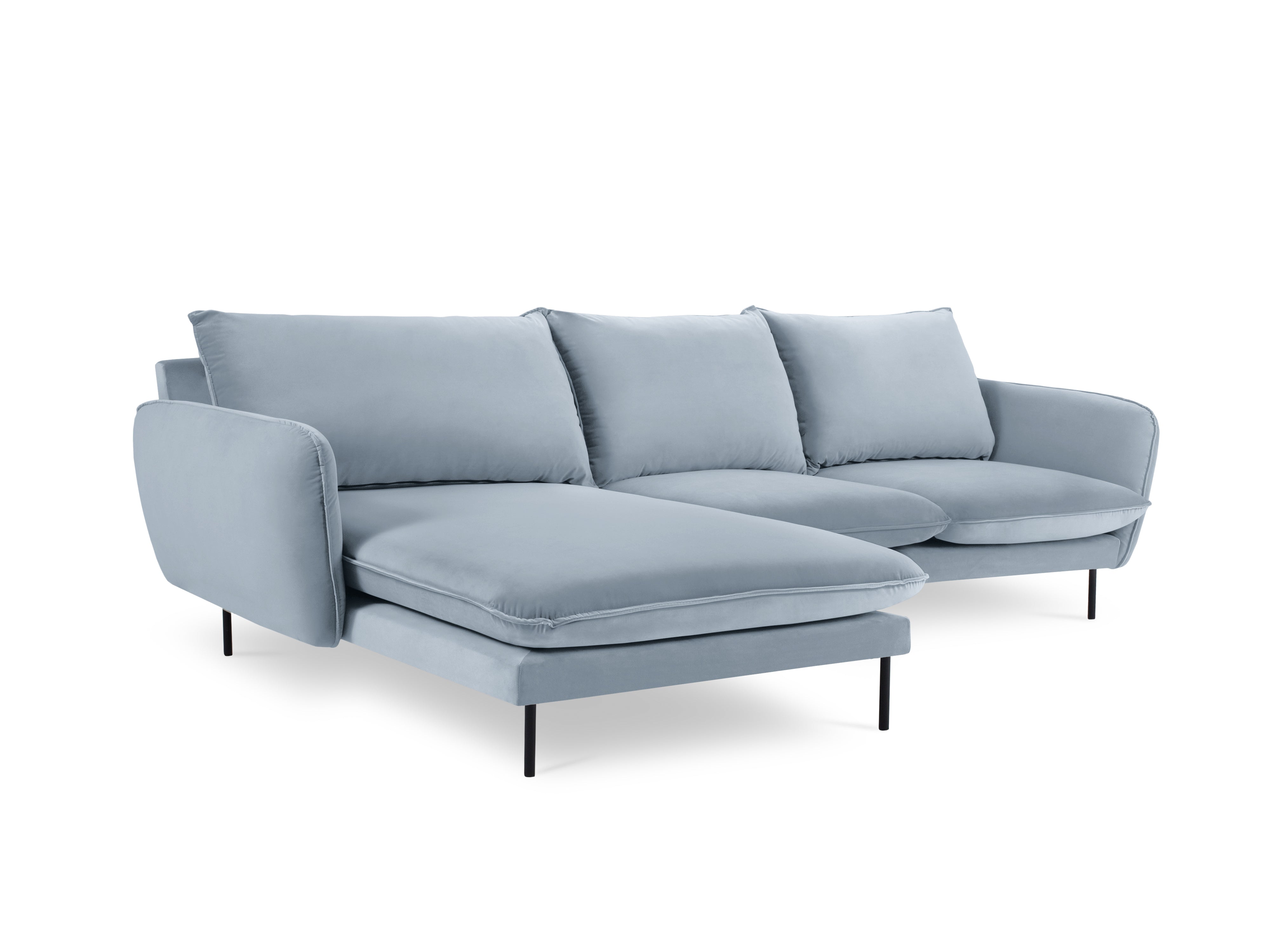 Left-facing velvet corner sofa for 5 people VIENNA light blue with black base