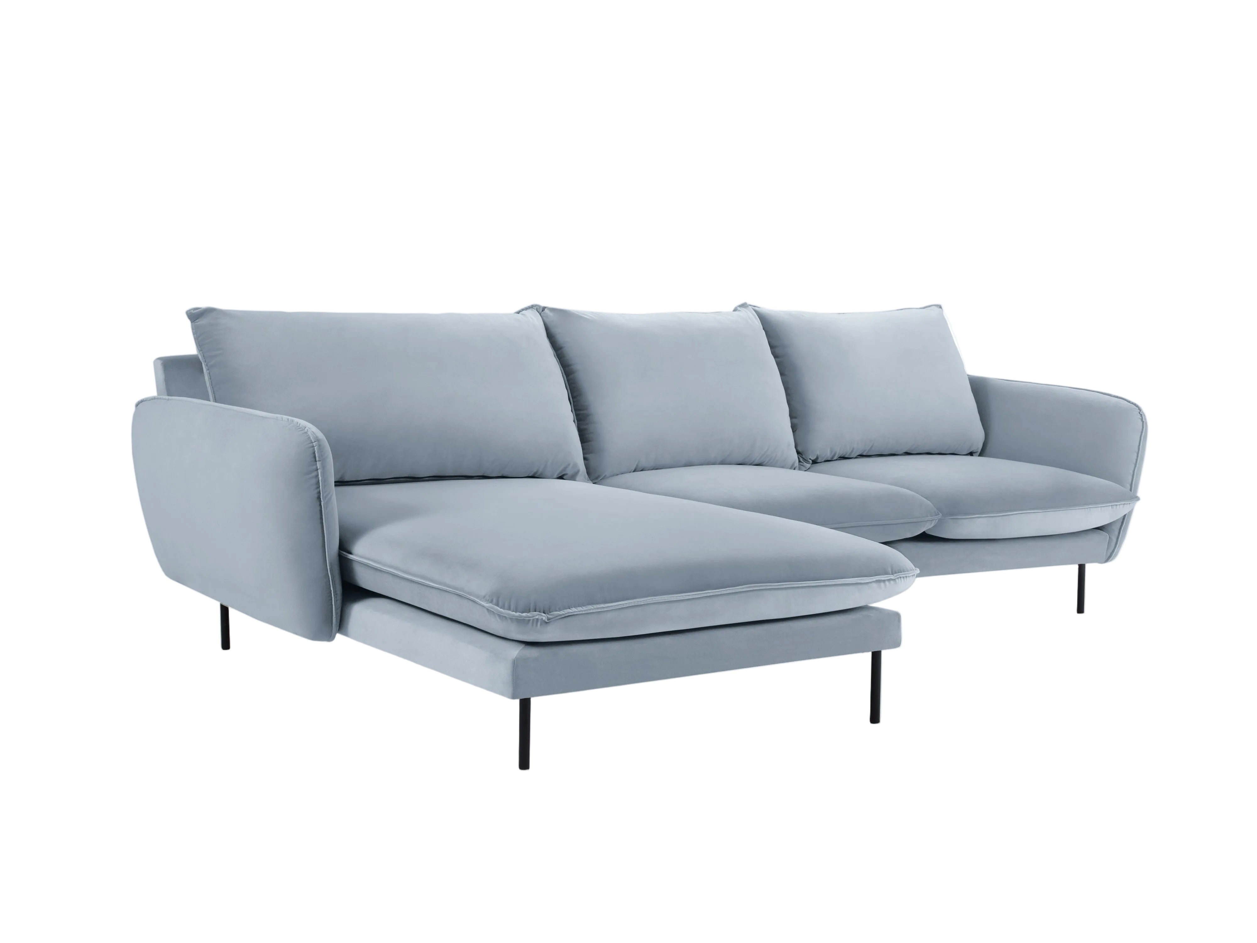 Samt-Ecksofa linksseitig für 5 Personen VIENNA hellblau mit schwarzem Fuß