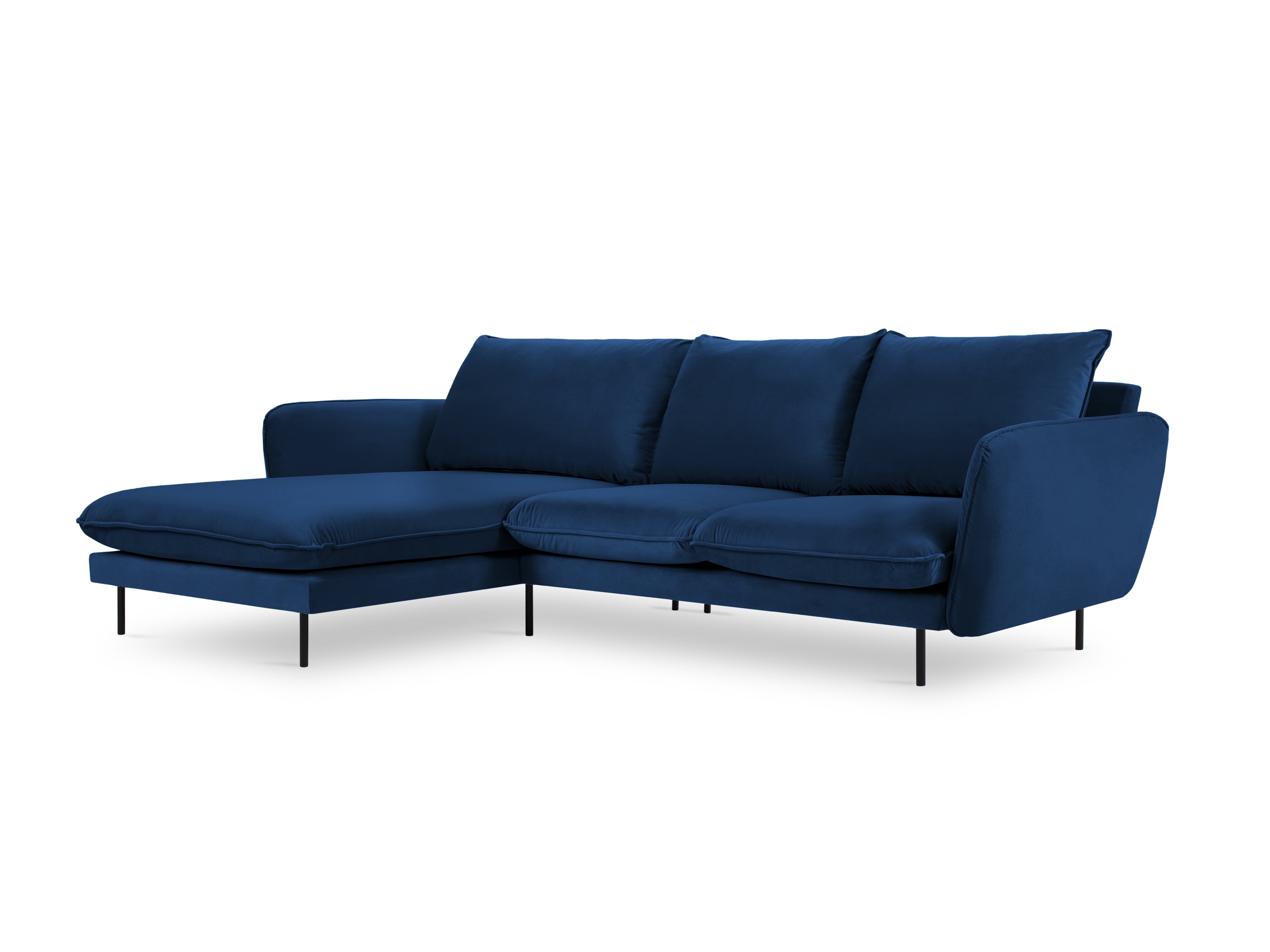 Left-facing velvet corner sofa for 5 people VIENNA in royal blue with a black base