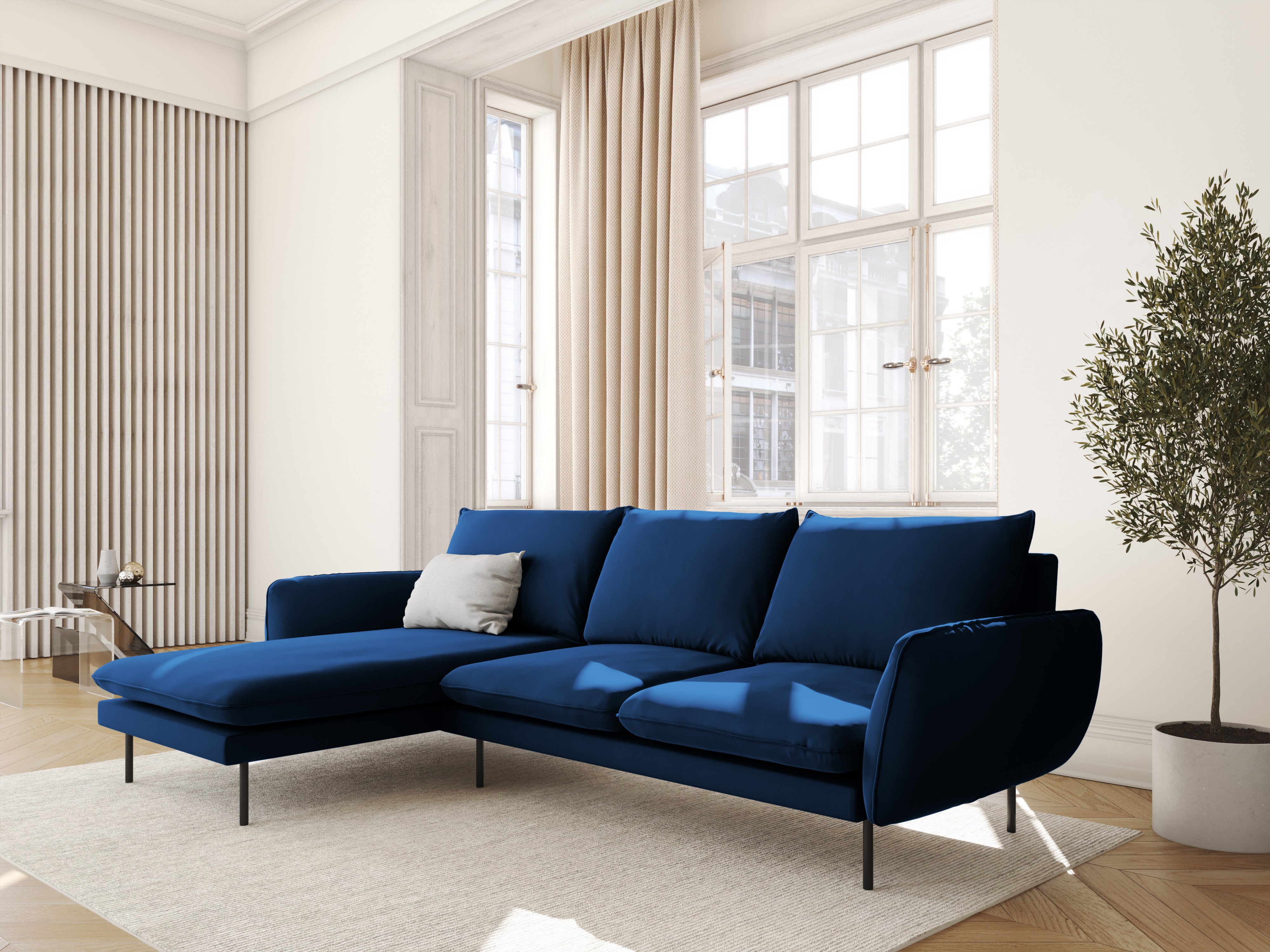 Left-facing velvet corner sofa for 5 people VIENNA in royal blue with a black base