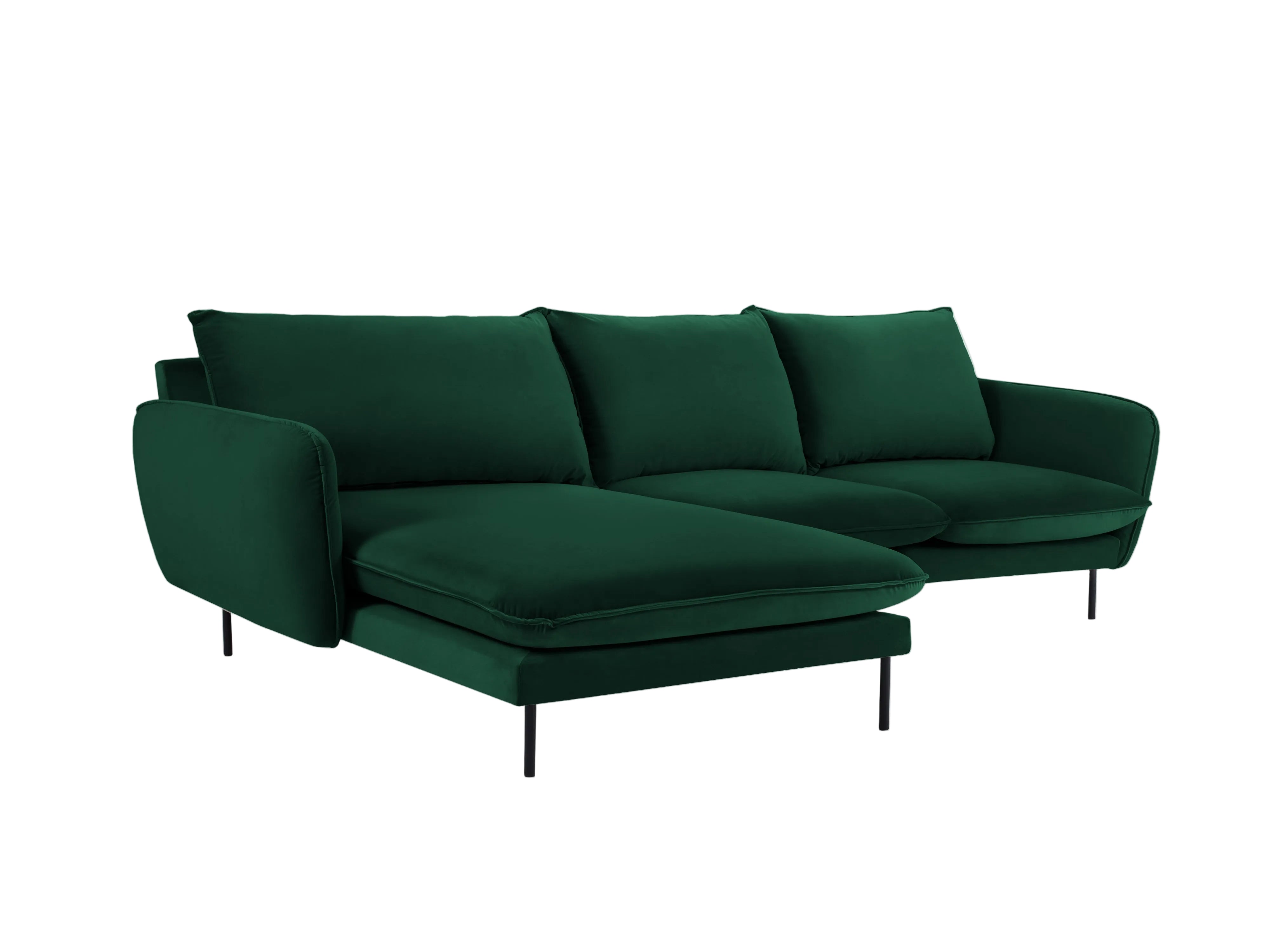 Left-facing velvet corner sofa for 5 people VIENNA in bottle green with a black base