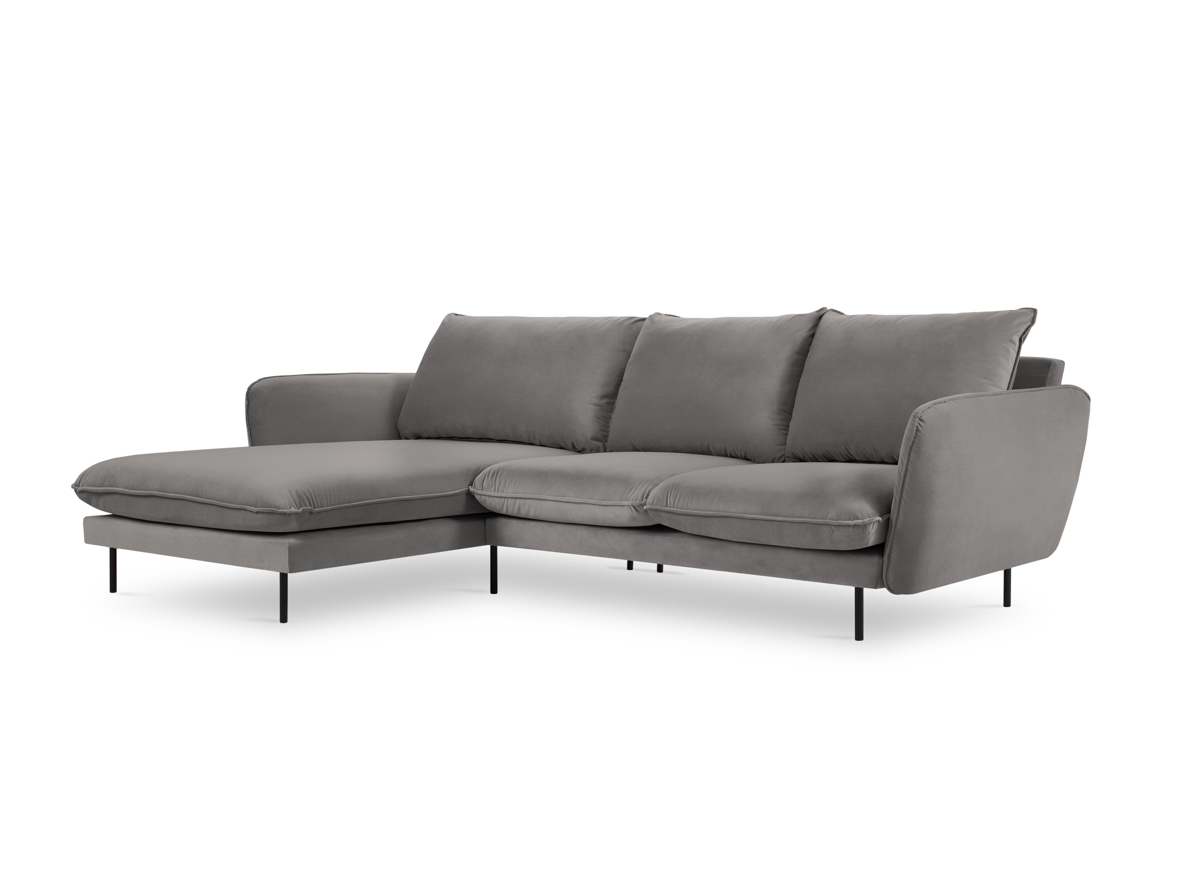 Left-facing velvet corner sofa for 5 people VIENNA in light gray with a black base