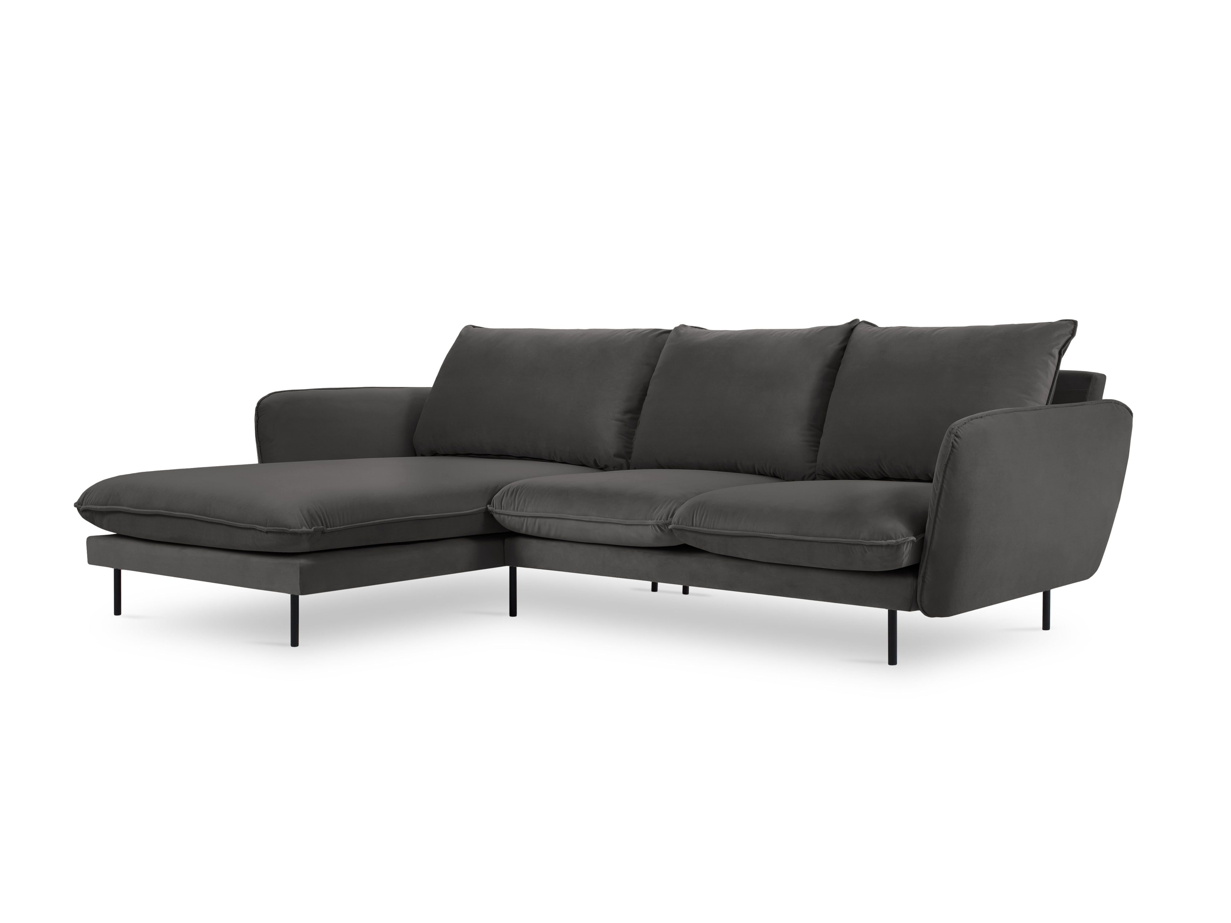 Left-facing velvet corner sofa for 5 people VIENNA in dark gray with a black base