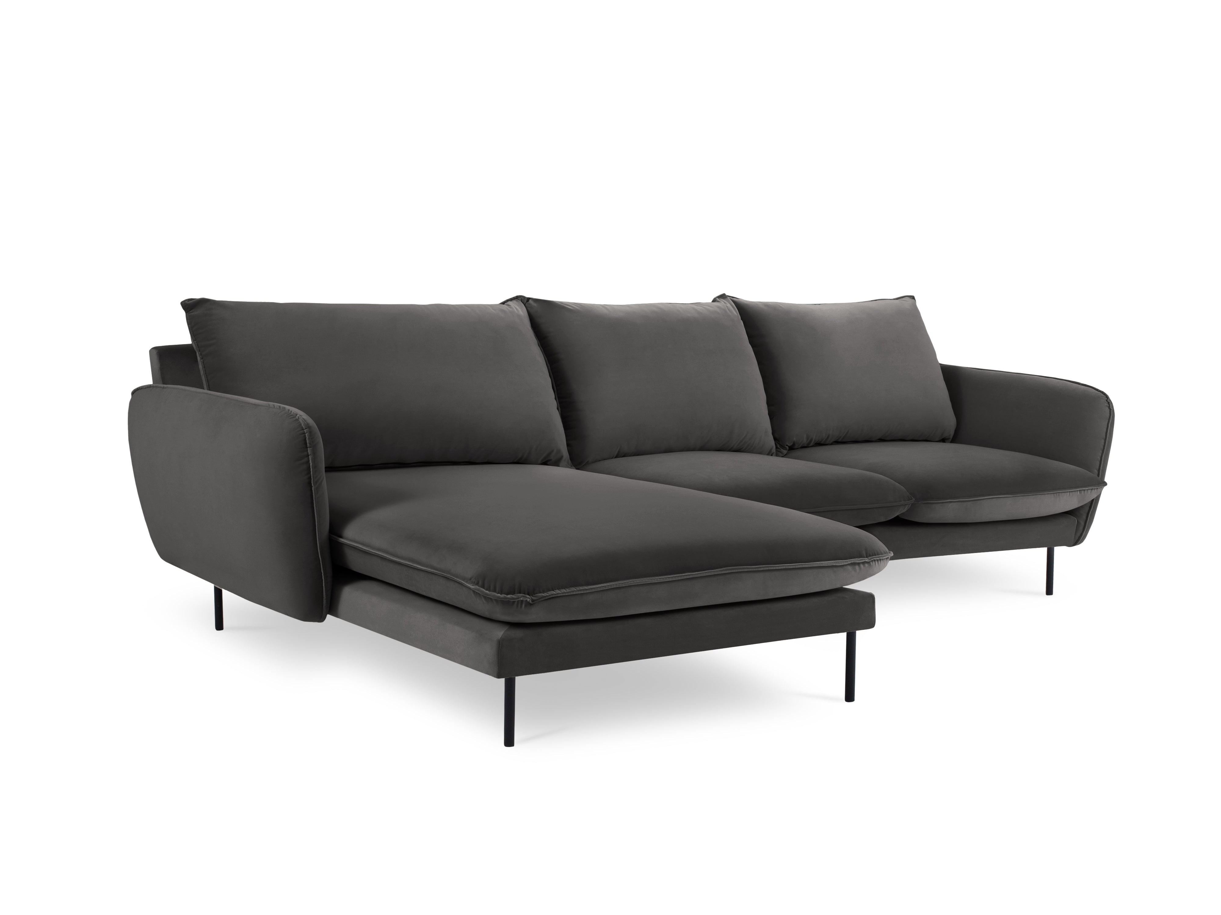 Left-facing velvet corner sofa for 5 people VIENNA in dark gray with a black base