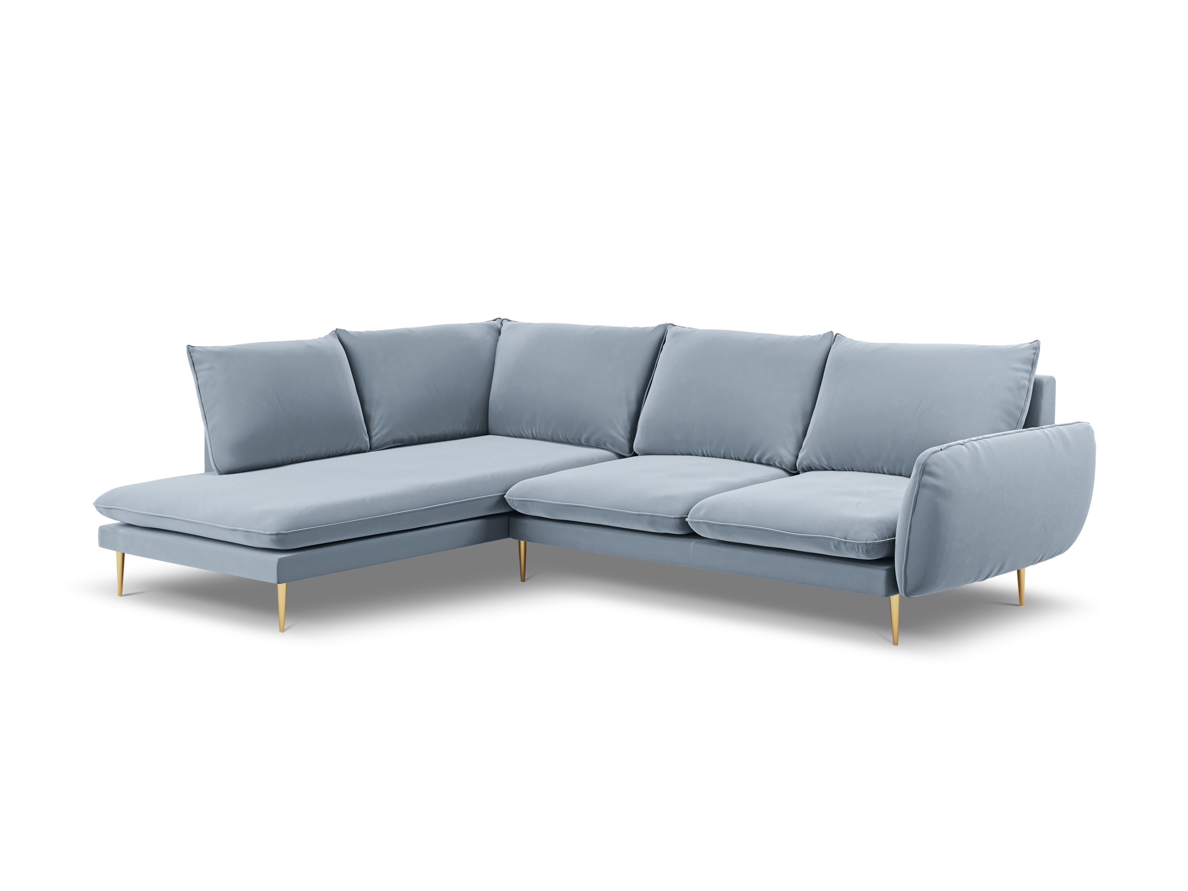 Left-facing velvet corner sofa for 5 people VIENNA in light blue with a gold base