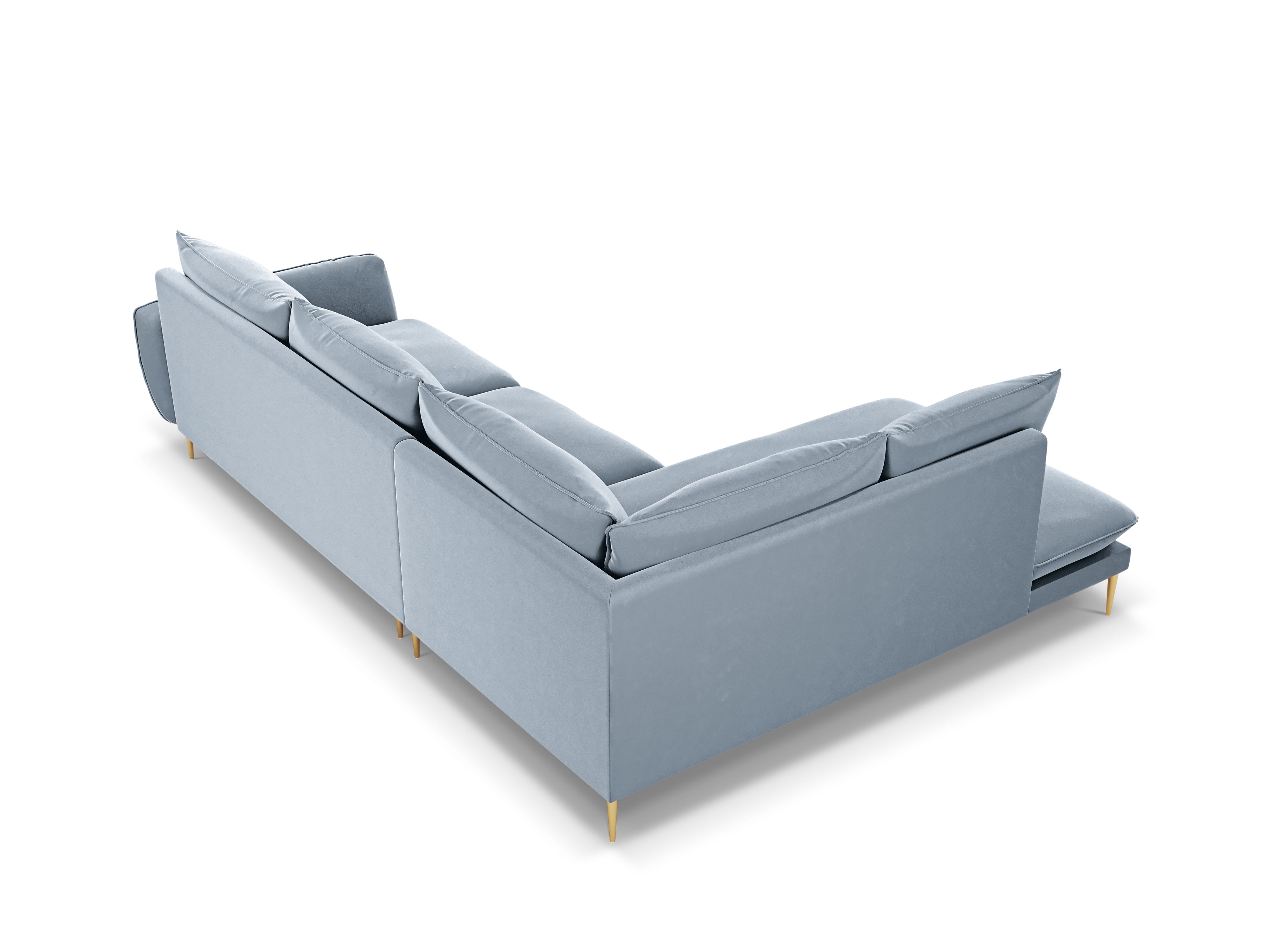 Left-facing velvet corner sofa for 5 people VIENNA in light blue with a gold base