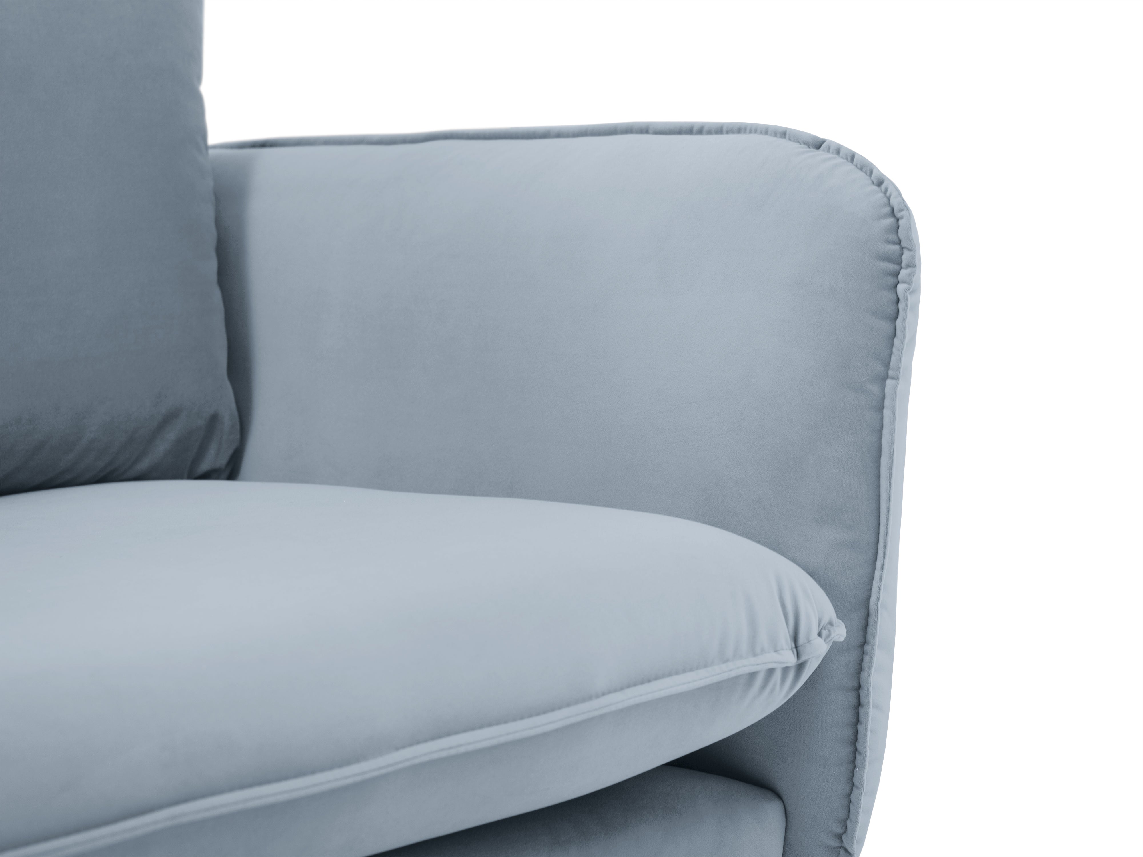 Left-facing velvet corner sofa for 5 people VIENNA in light blue with a gold base