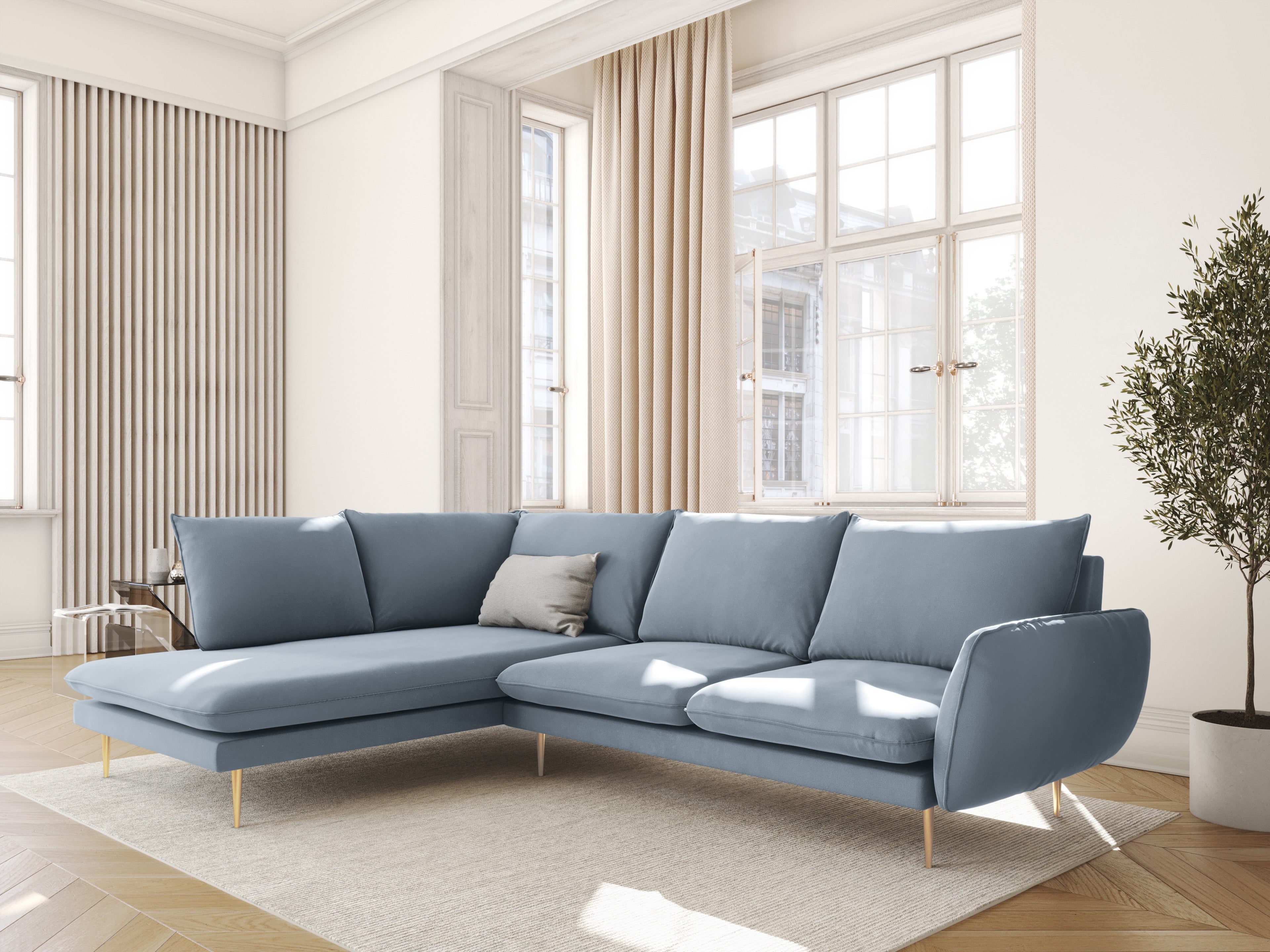 Left-facing velvet corner sofa for 5 people VIENNA in light blue with a gold base