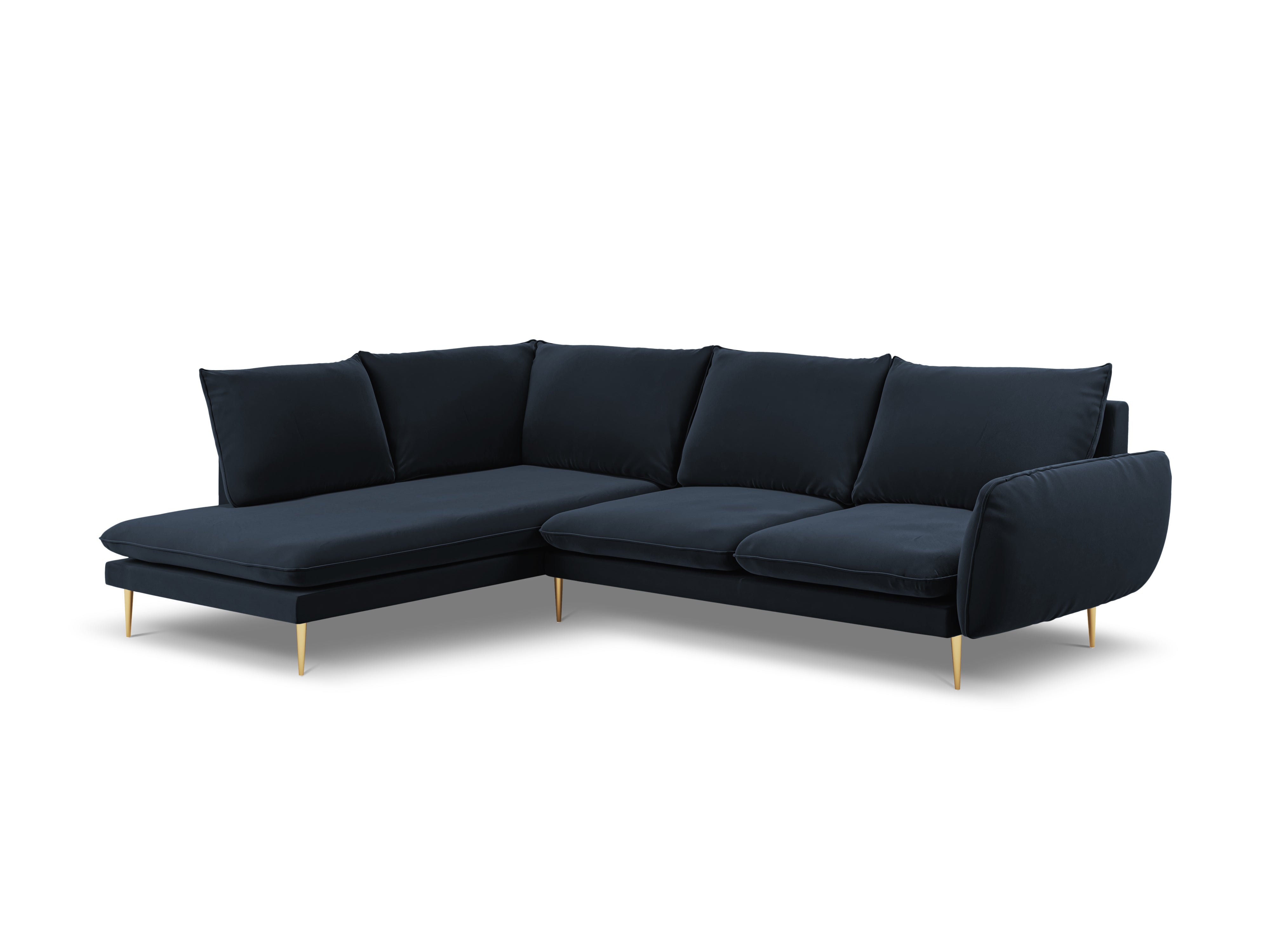 Velvet corner sofa for 6 people, left-facing VIENNA in dark blue with a gold base