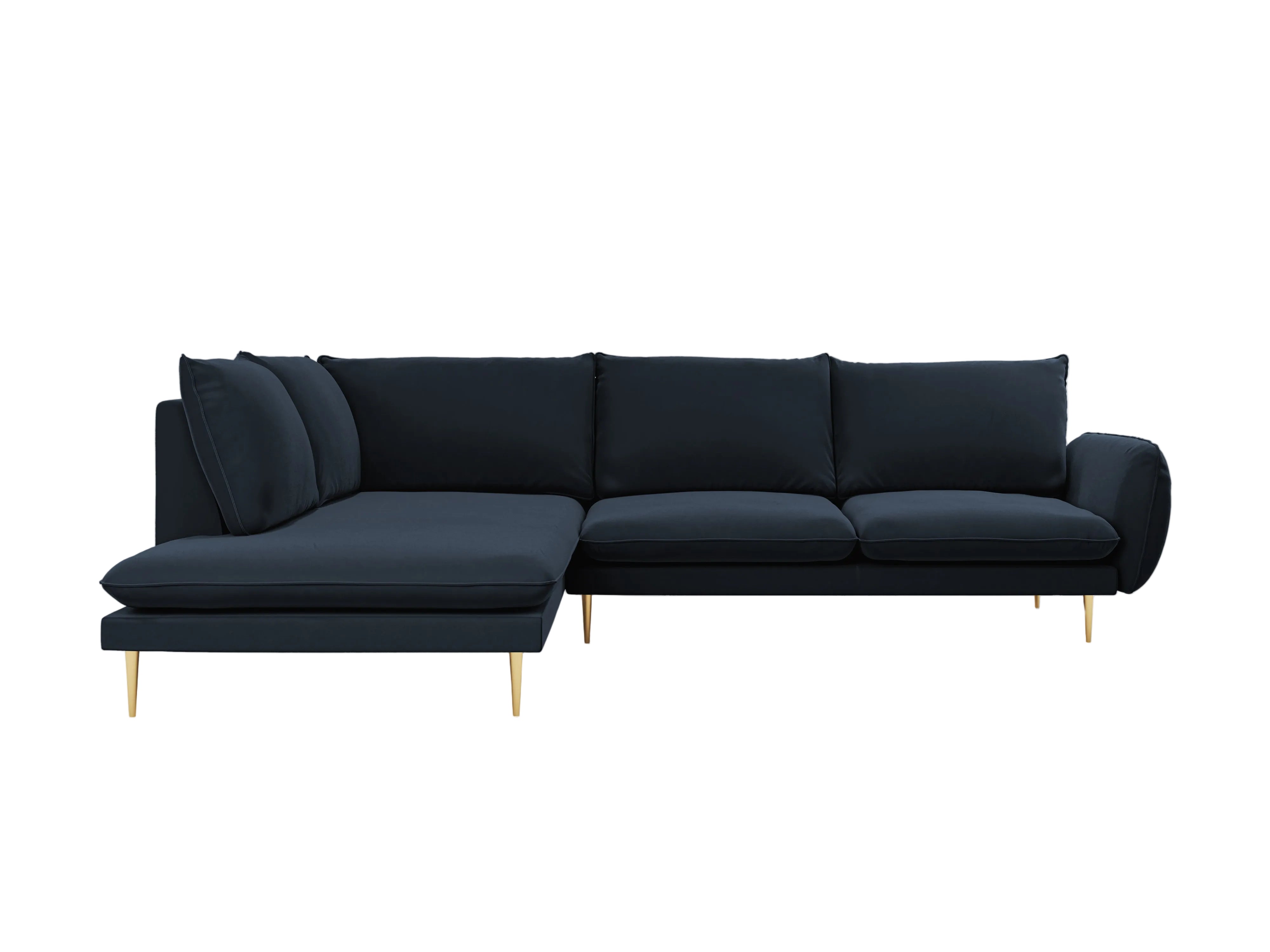 Velvet corner sofa for 6 people, left-facing VIENNA in dark blue with a gold base