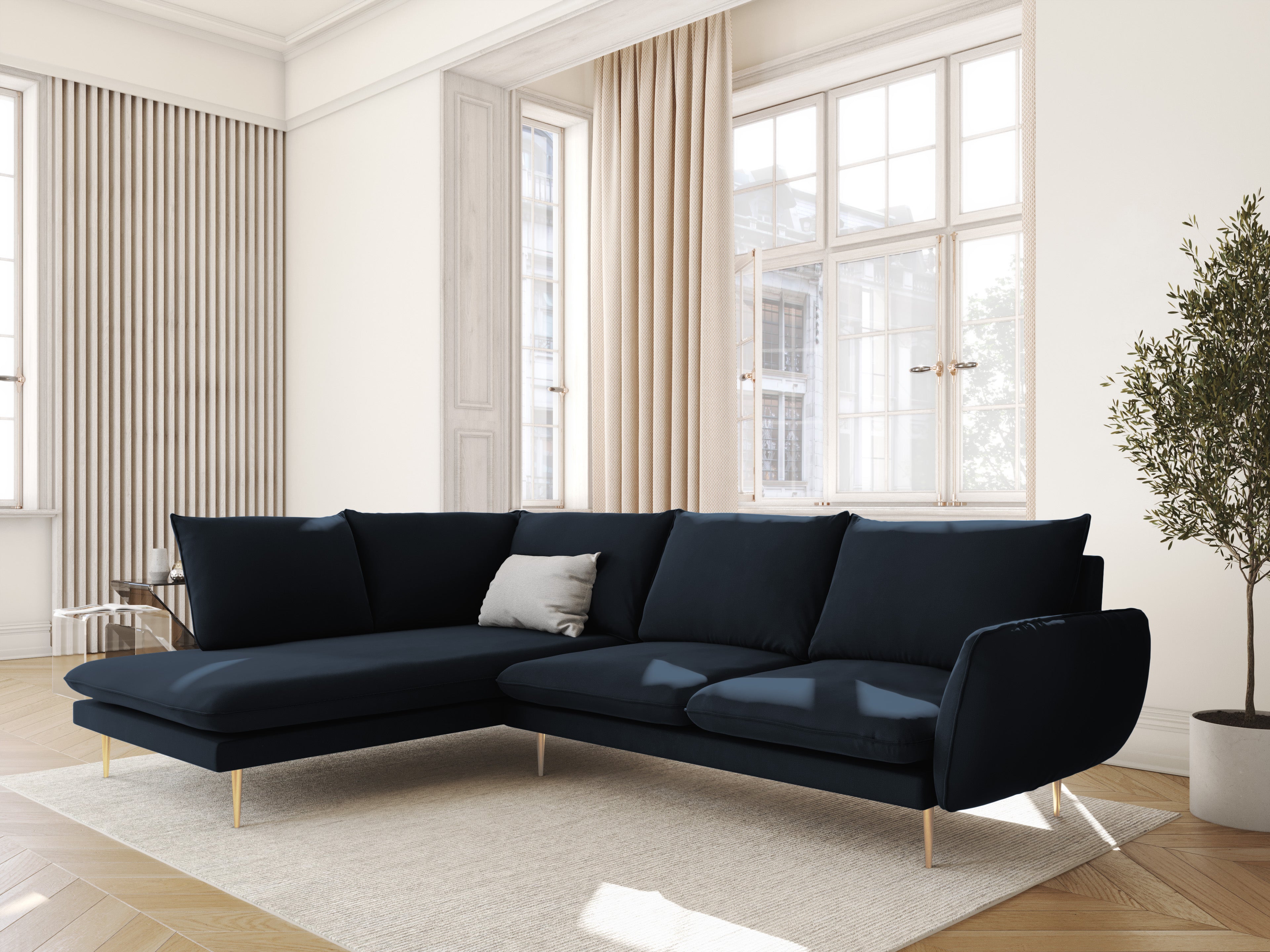 Velvet corner sofa for 6 people, left-facing VIENNA in dark blue with a gold base