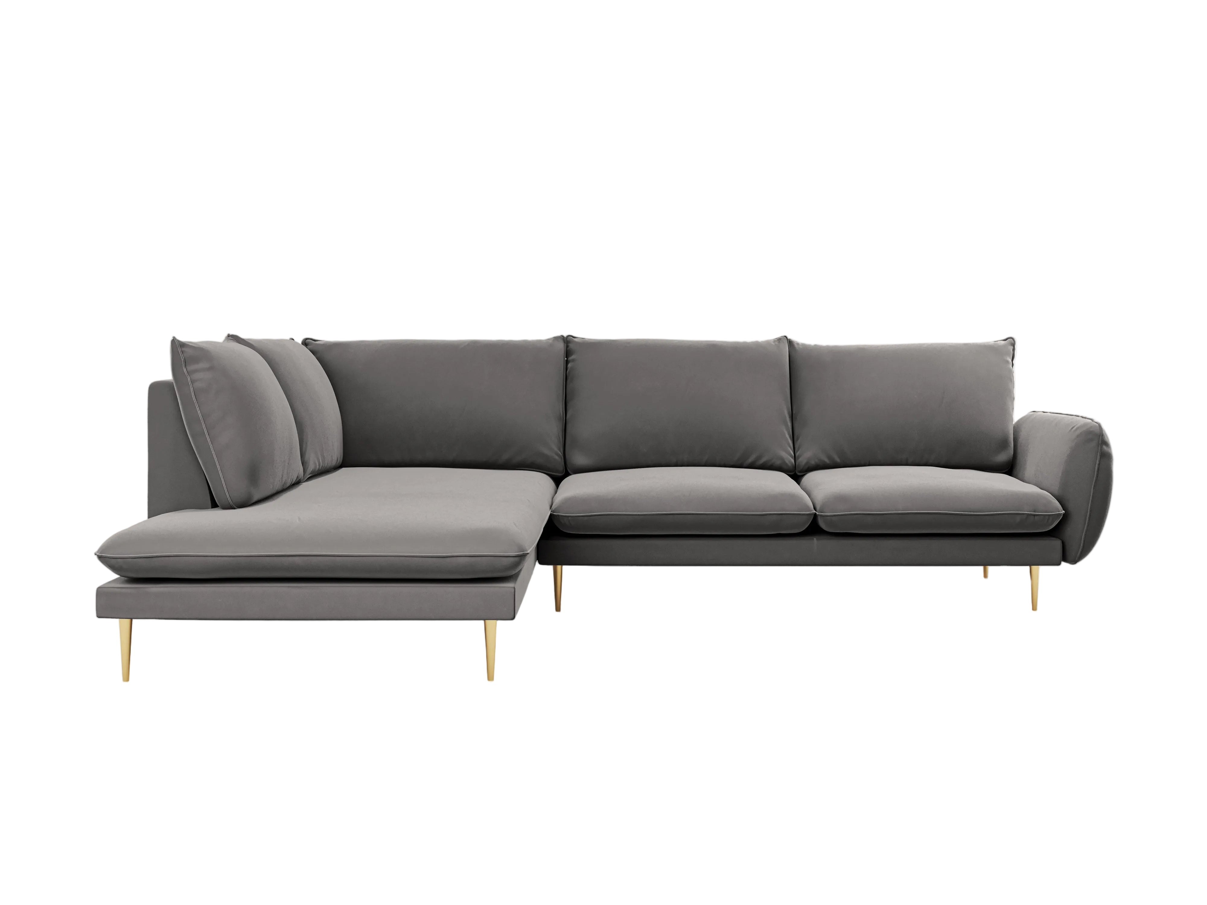 Velvet corner sofa for 6 people, left-facing VIENNA in light gray with a gold base