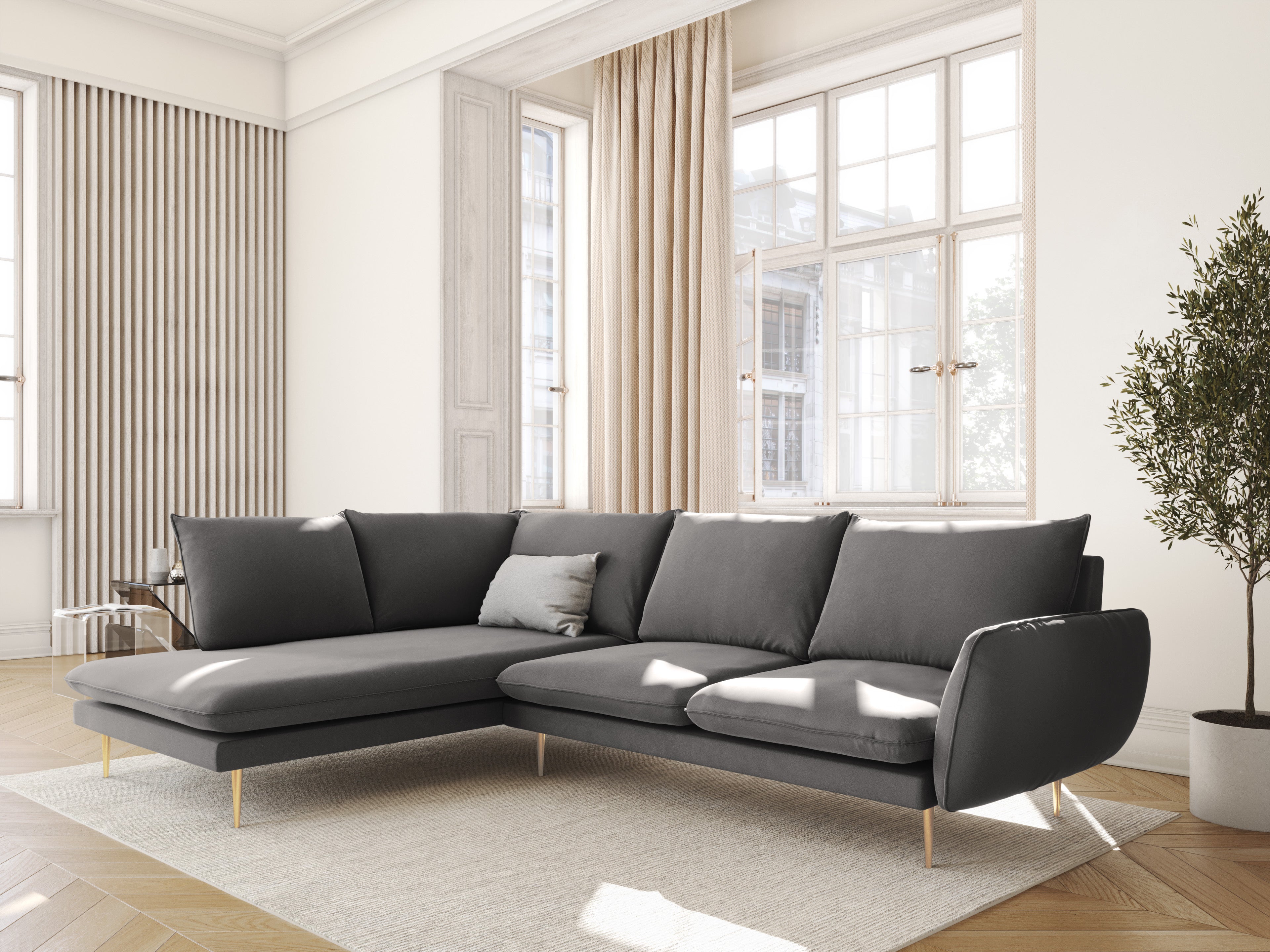 Velvet corner sofa for 6 people, left-facing VIENNA in light gray with a gold base