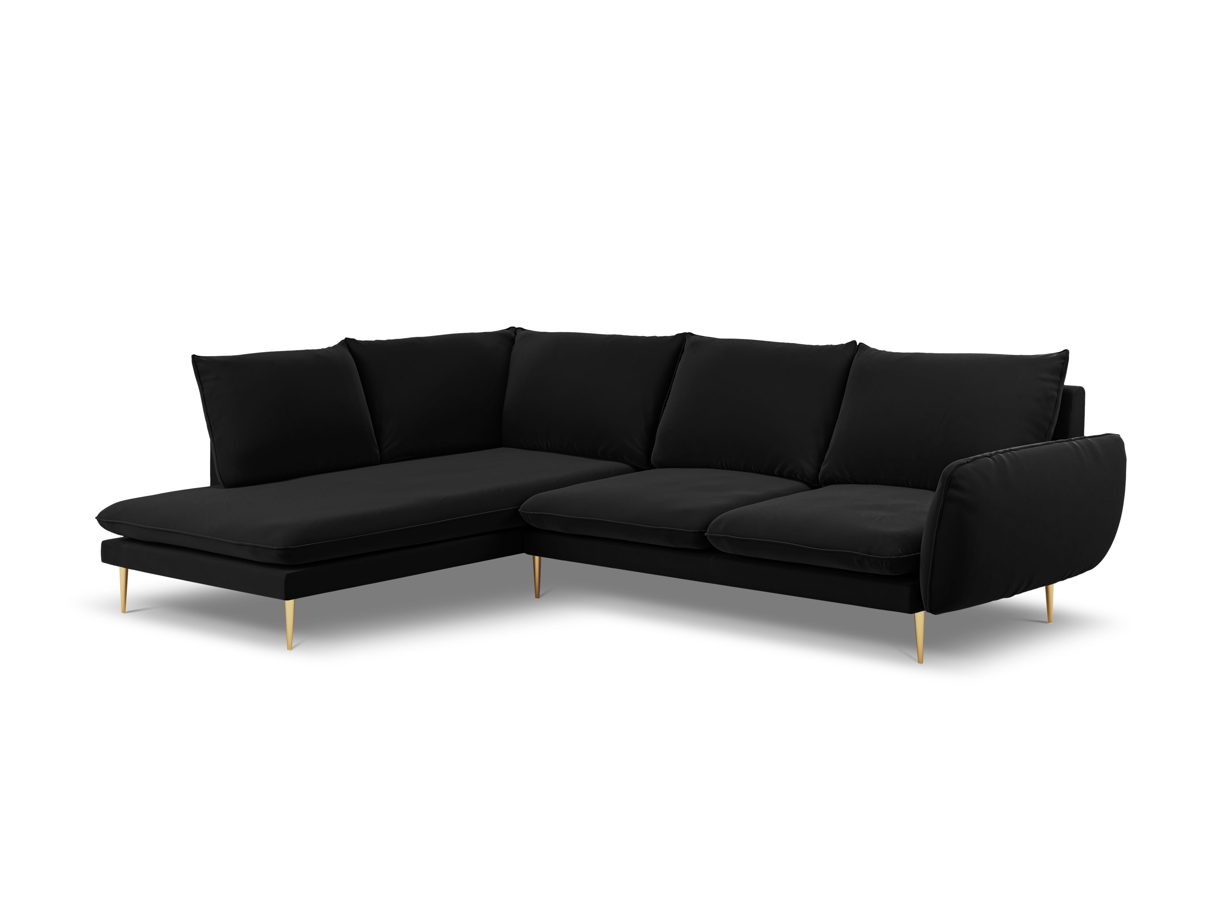 Left-facing velvet corner sofa for 5 people VIENNA in black with a gold base