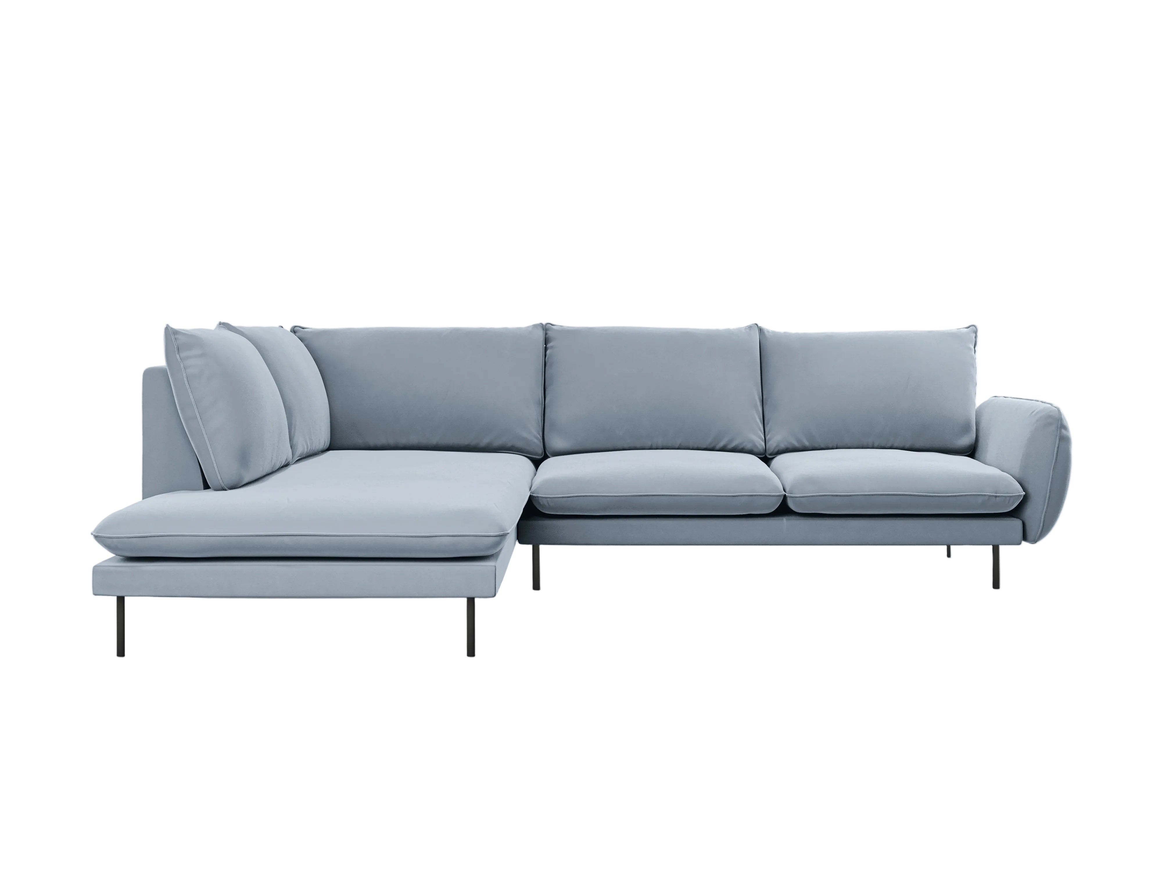 Left-facing velvet corner sofa for 5 people VIENNA light blue with black base
