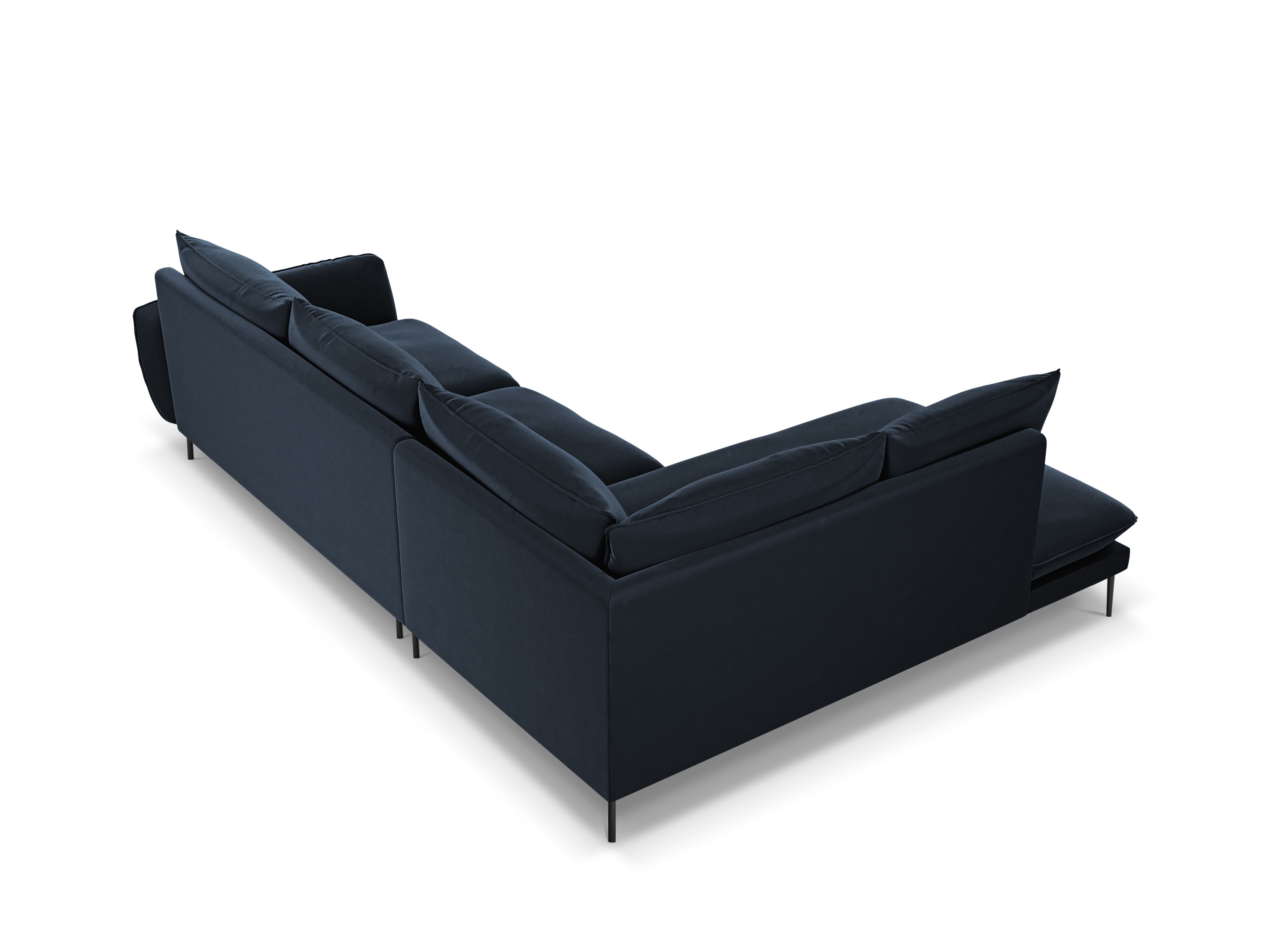 Velvet Corner Sofa for 6 People, Left Side VIENNA, Dark Blue with Black Base