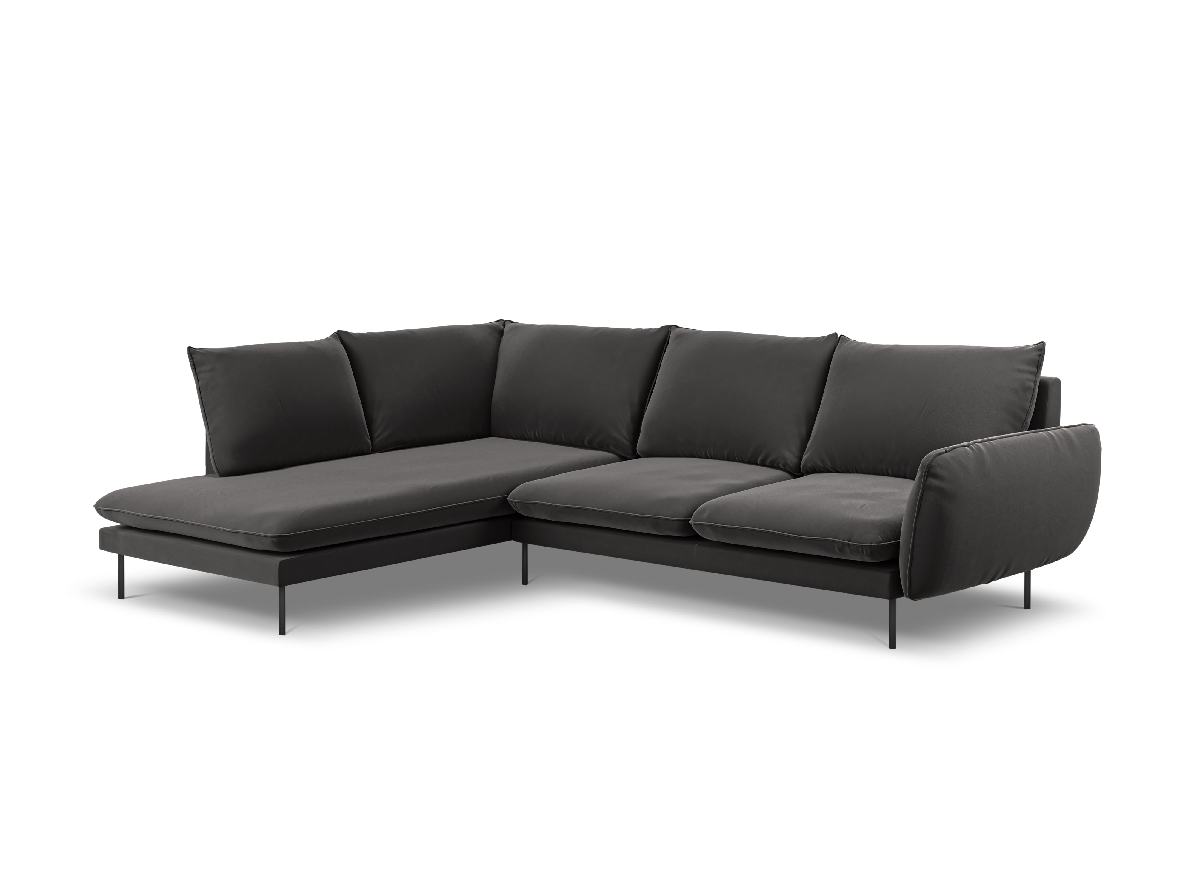 Left-facing velvet corner sofa for 5 people VIENNA in dark gray with a black base