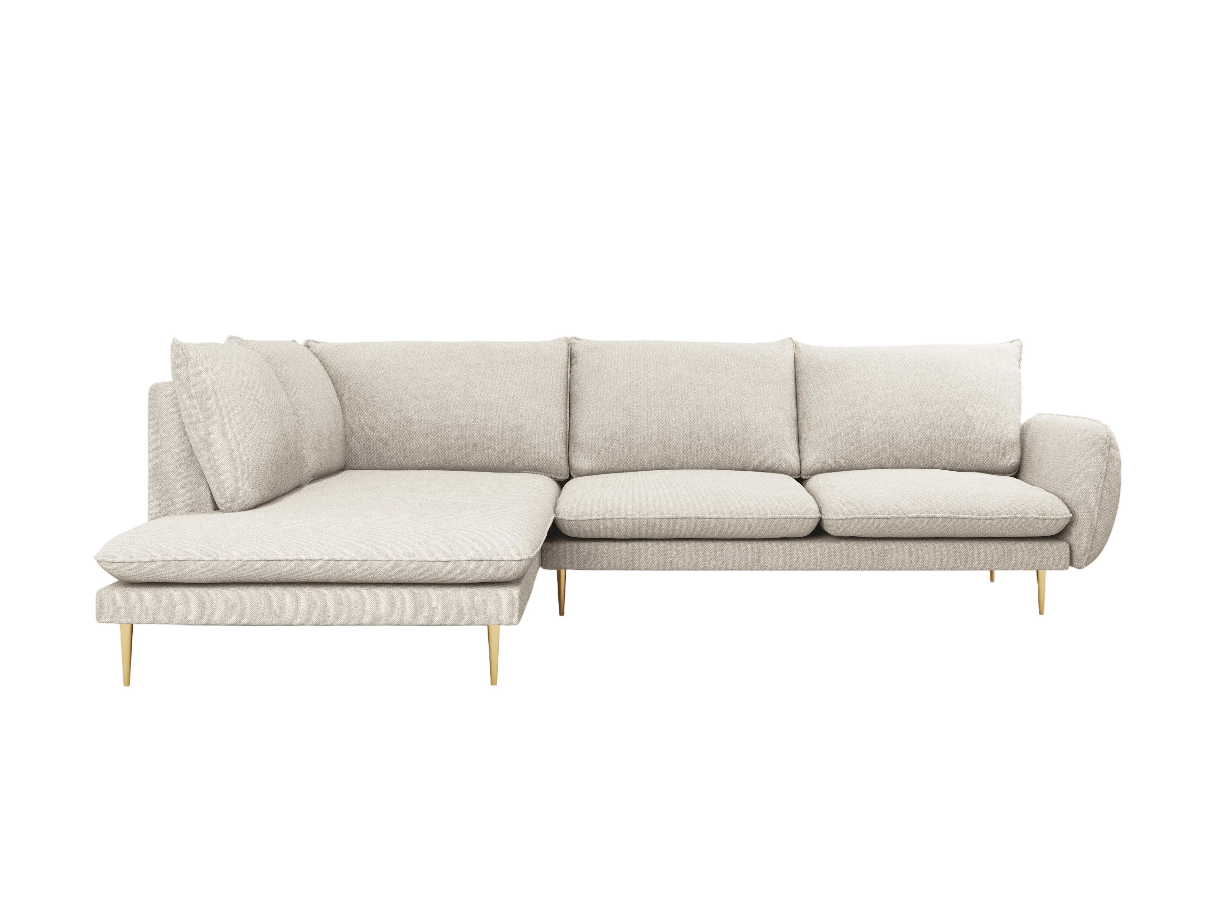 Left-facing 6-seater corner sofa VIENNA in light beige chenille with a gold base