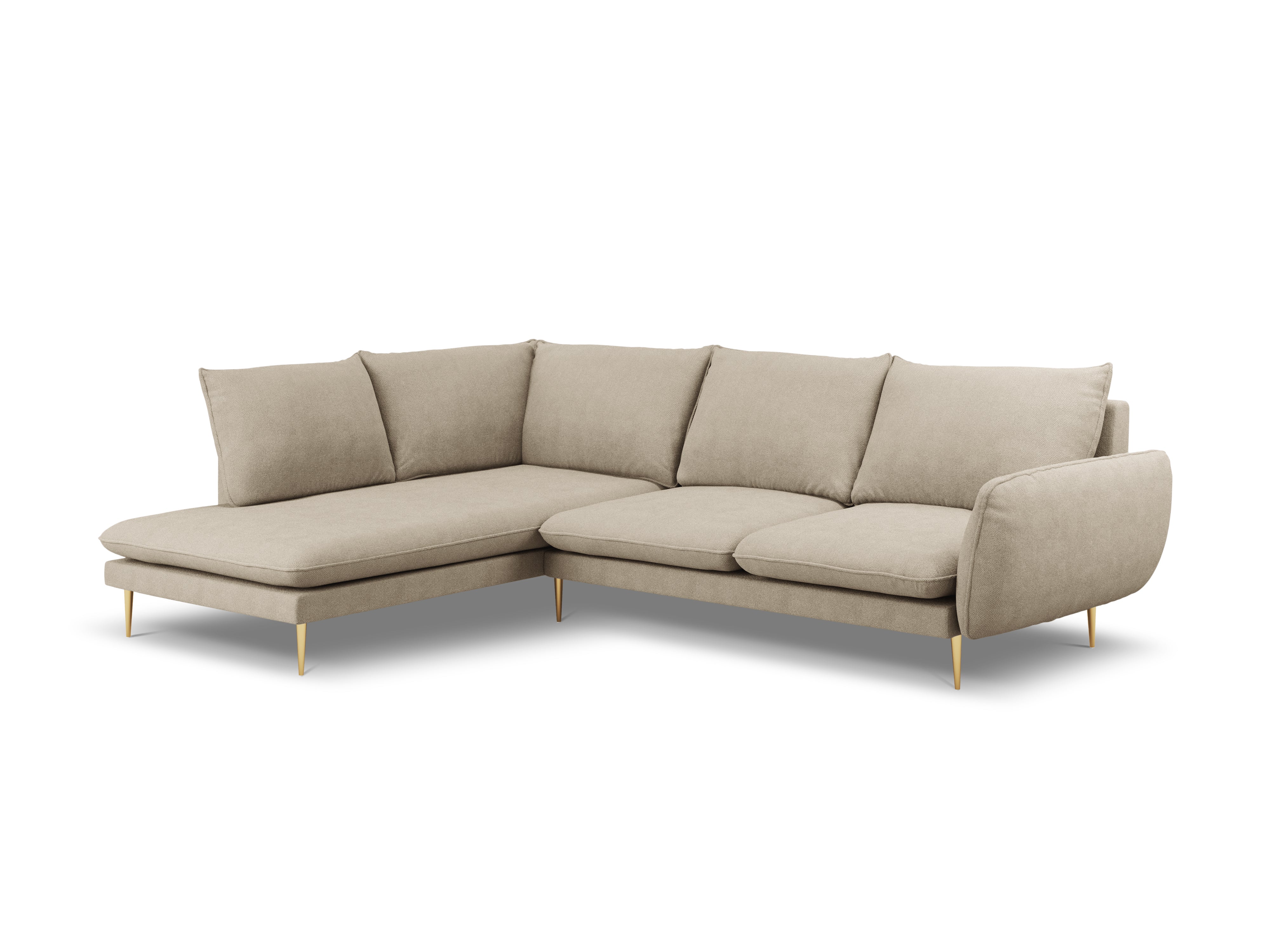 Left-facing 6-seater corner sofa VIENNA in beige chenille with a gold base