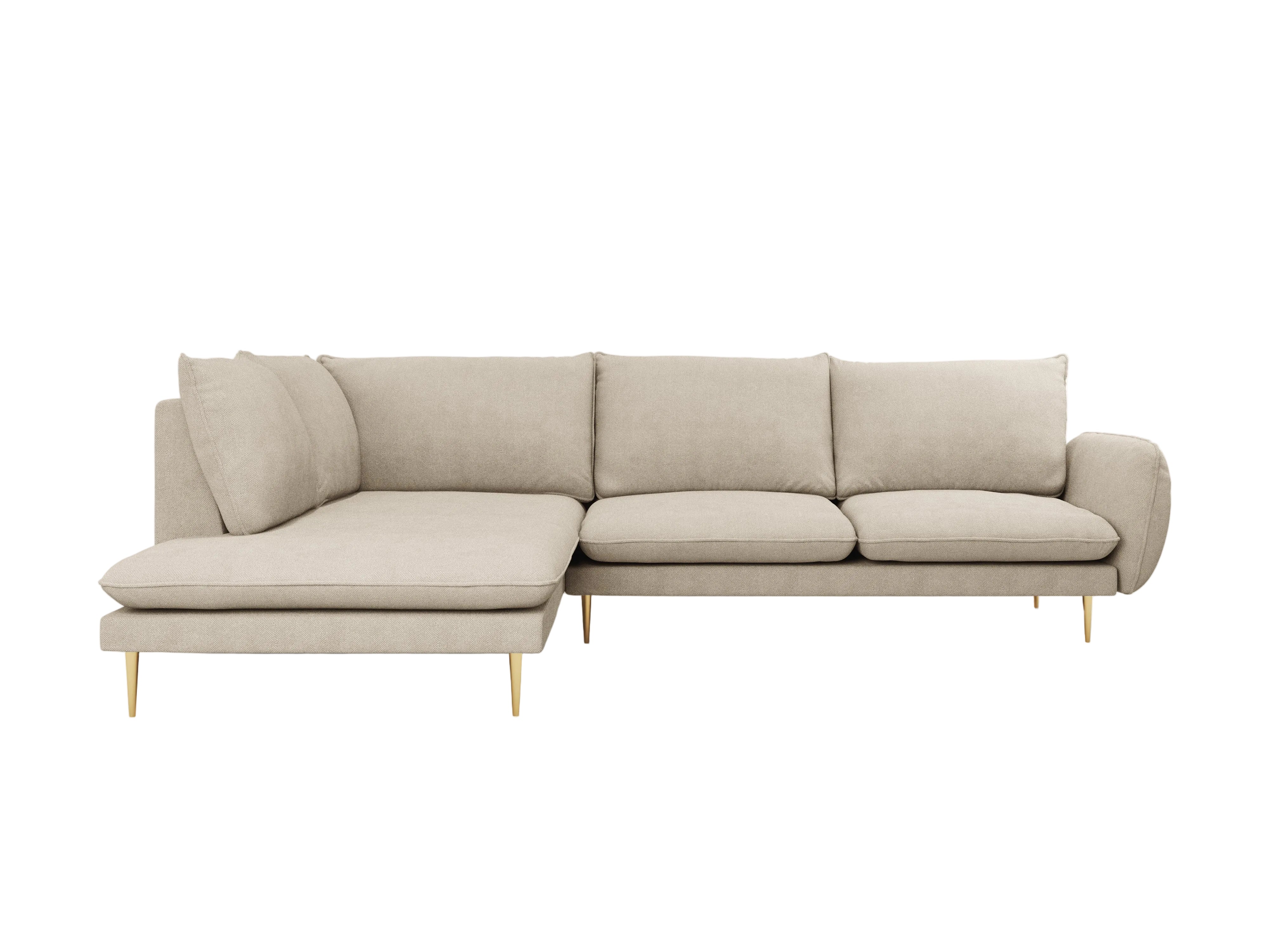 Left-facing 6-seater corner sofa VIENNA in beige chenille with a gold base
