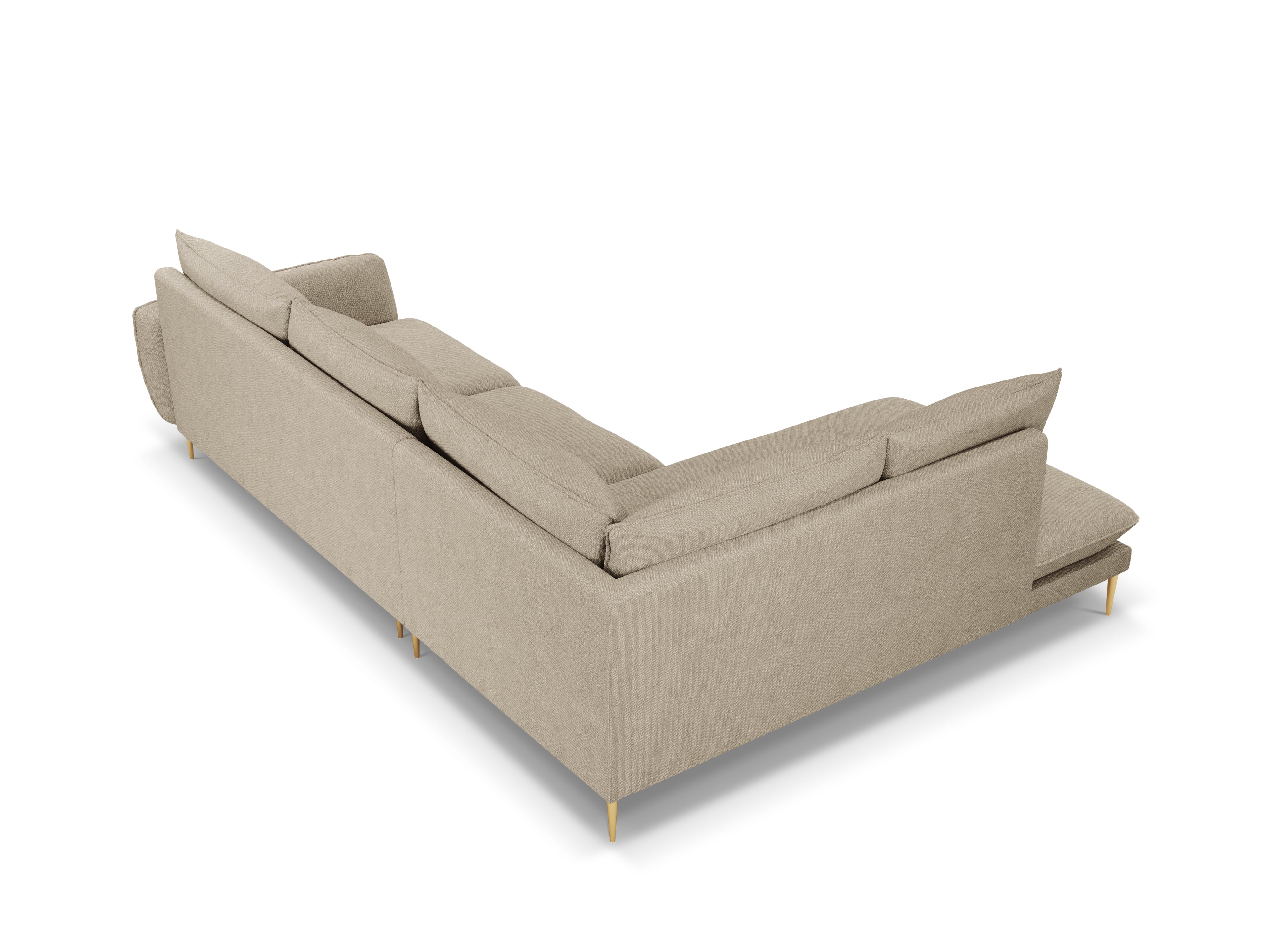 Left-facing 6-seater corner sofa VIENNA in beige chenille with a gold base