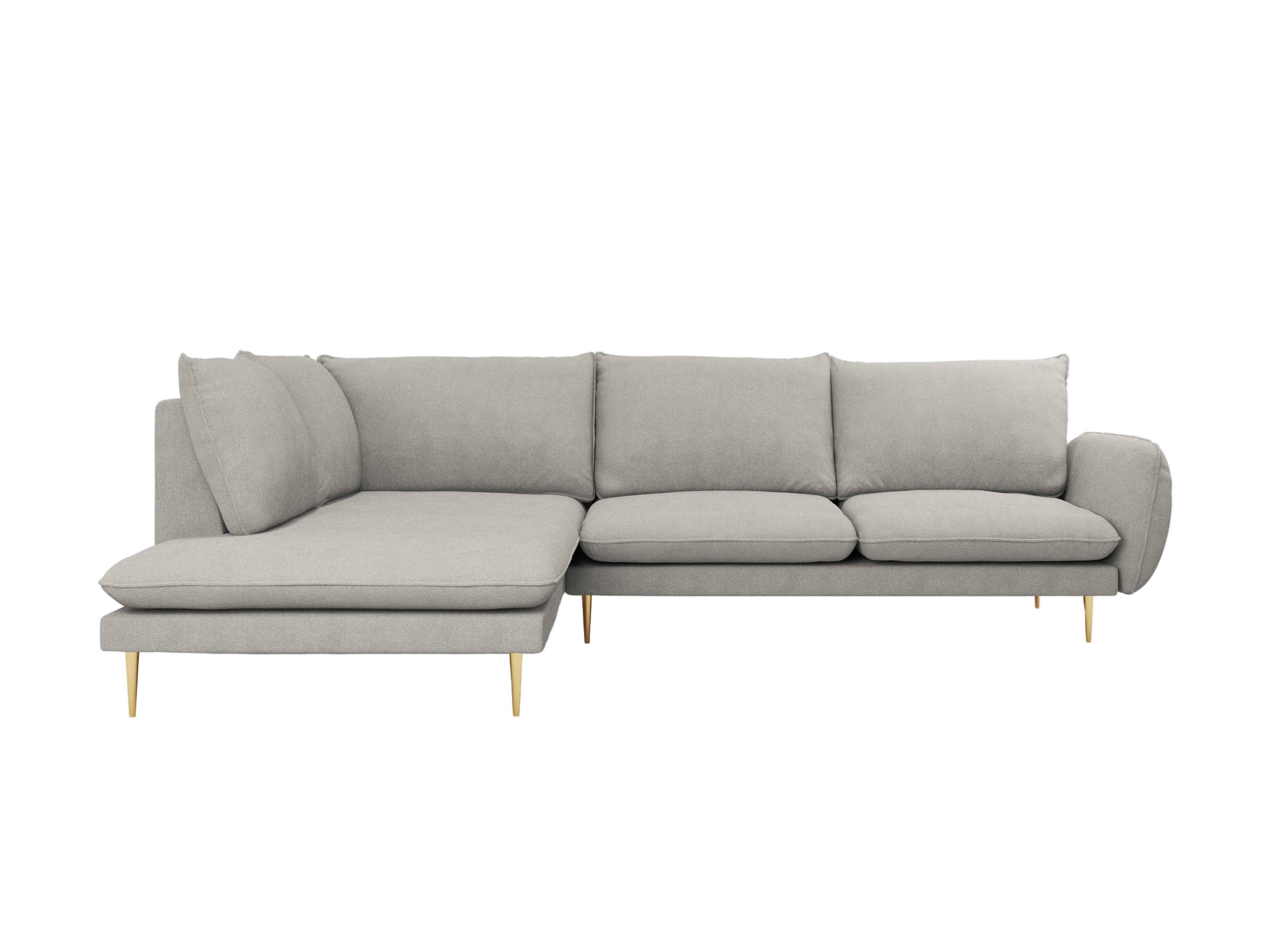 Left-facing 6-seater corner sofa VIENNA in light gray chenille with a gold base